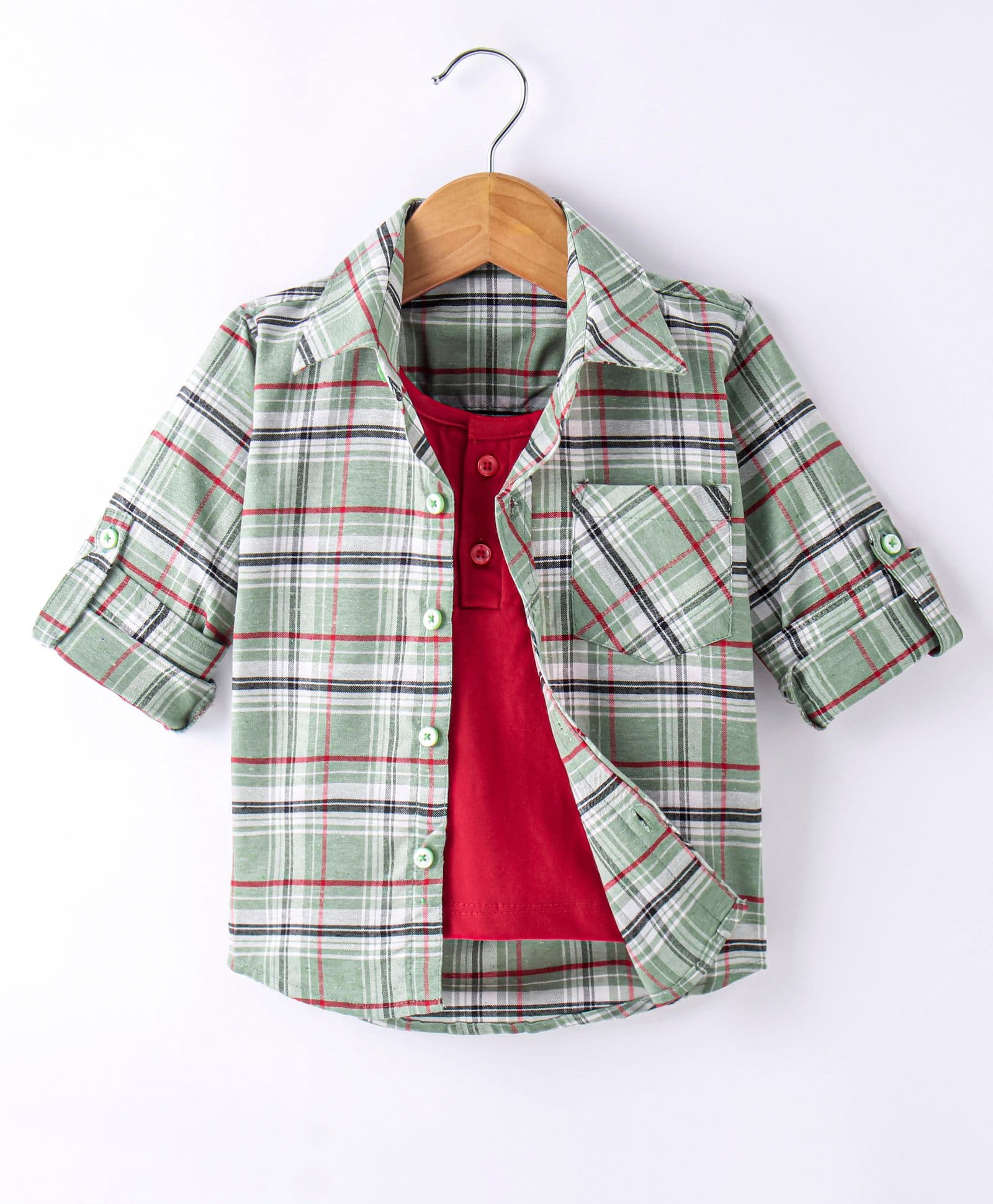 Dapper Dudes Woven Full Sleeves Checks Shirt with Attached T-Shirt - Olive-image-5