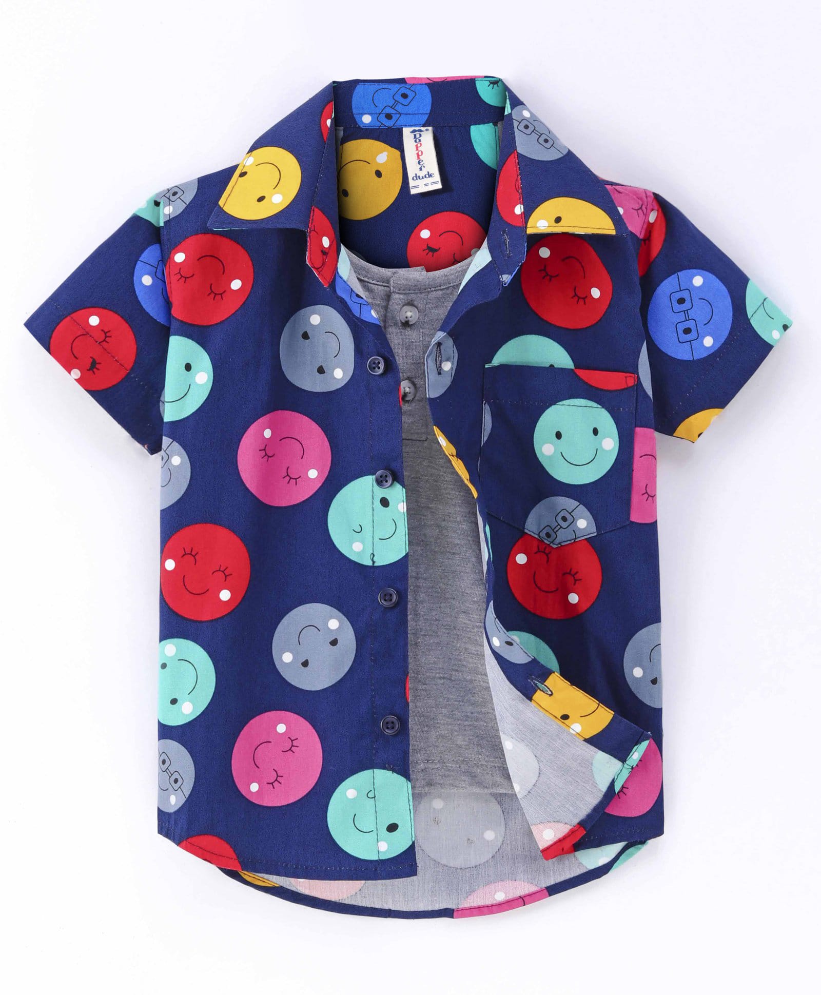 Dapper Dudes Woven Half Sleeves Happy Face Printed Shirt with Attached T-Shirt - Navy-image-37