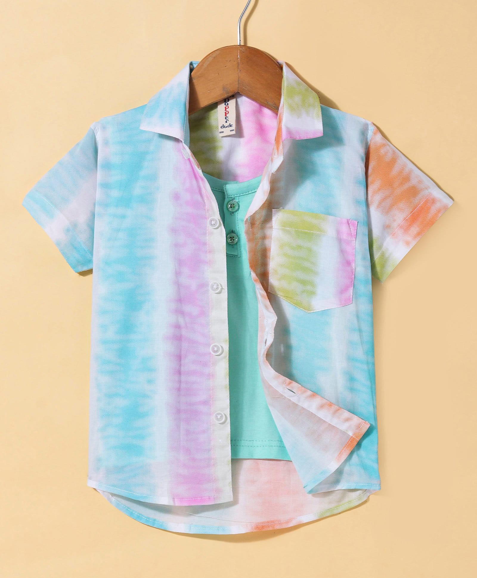 Dapper Dudes Woven Half Sleeves Tie & Dye Shirt with Attached T-Shirt - Light Blue-picture-19