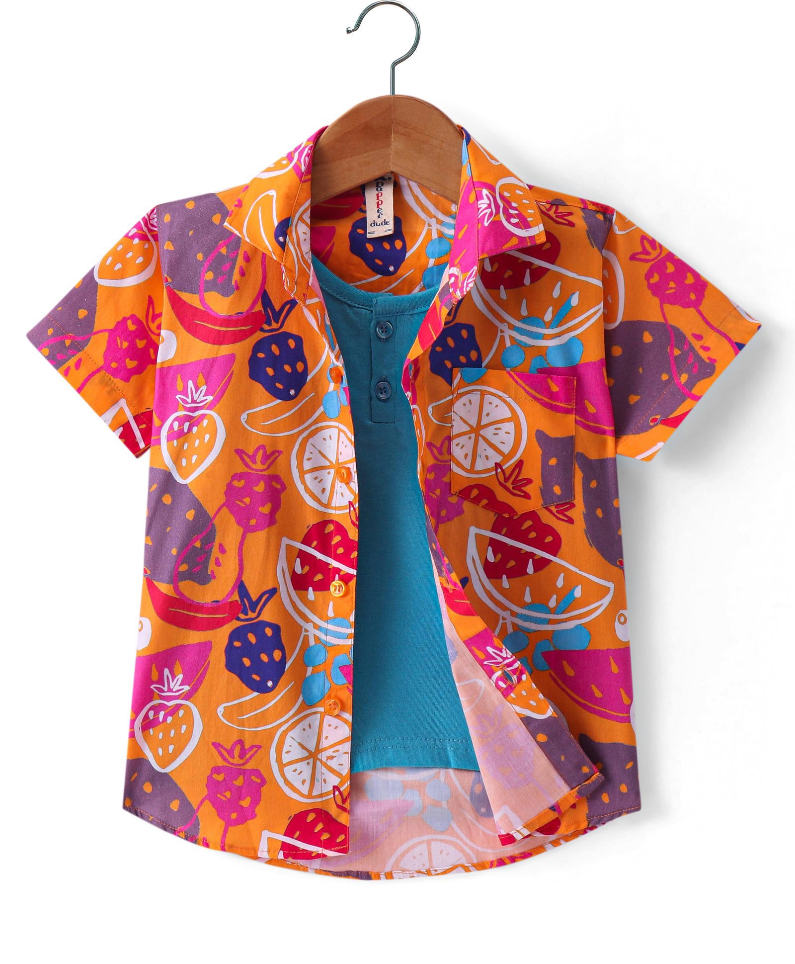Dapper Dudes Woven Half Sleeves Lemon Printed Shirt with Attached T-Shirt - Orange-image-16