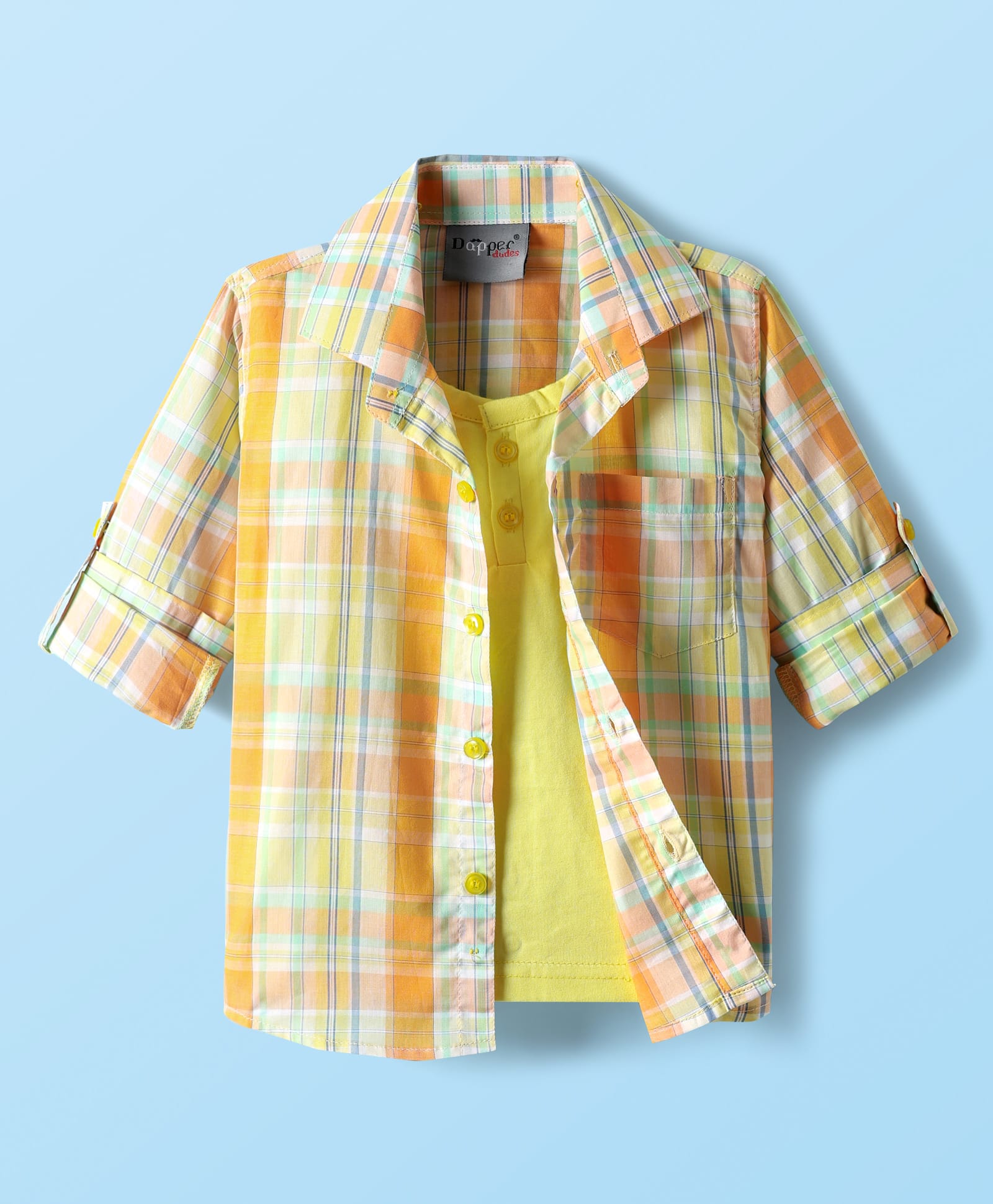 Dapper Dudes Woven Full Sleeves Checks Shirt with Attached T-Shirt - Yellow-image-12