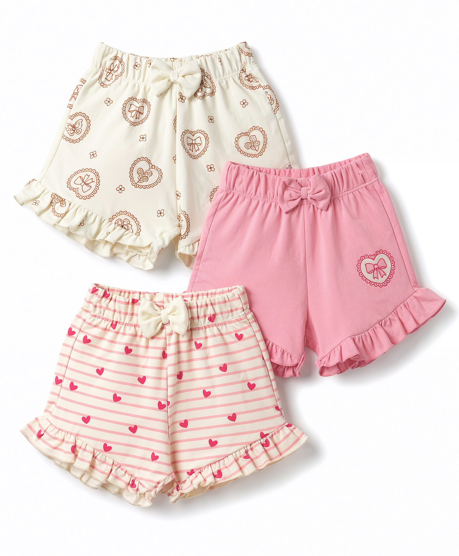 Babyoye 100% Cotton Knit With Eco Jiva Finish Striped Hearts & Bow Printed Shorts With Bow Applique Pack Of 3- Pink & OffWhite-picture-21