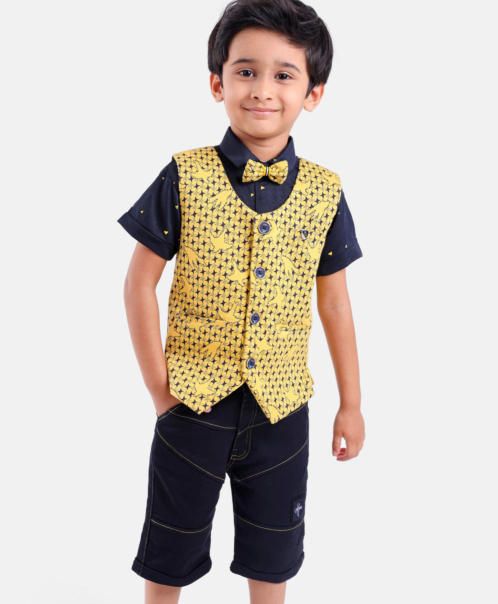 Dapper Dudes Woven Half Sleeves Birds Printed Shirt & Shorts Set With Waistcoat & Bow - Yellow & Navy Blue-image-9