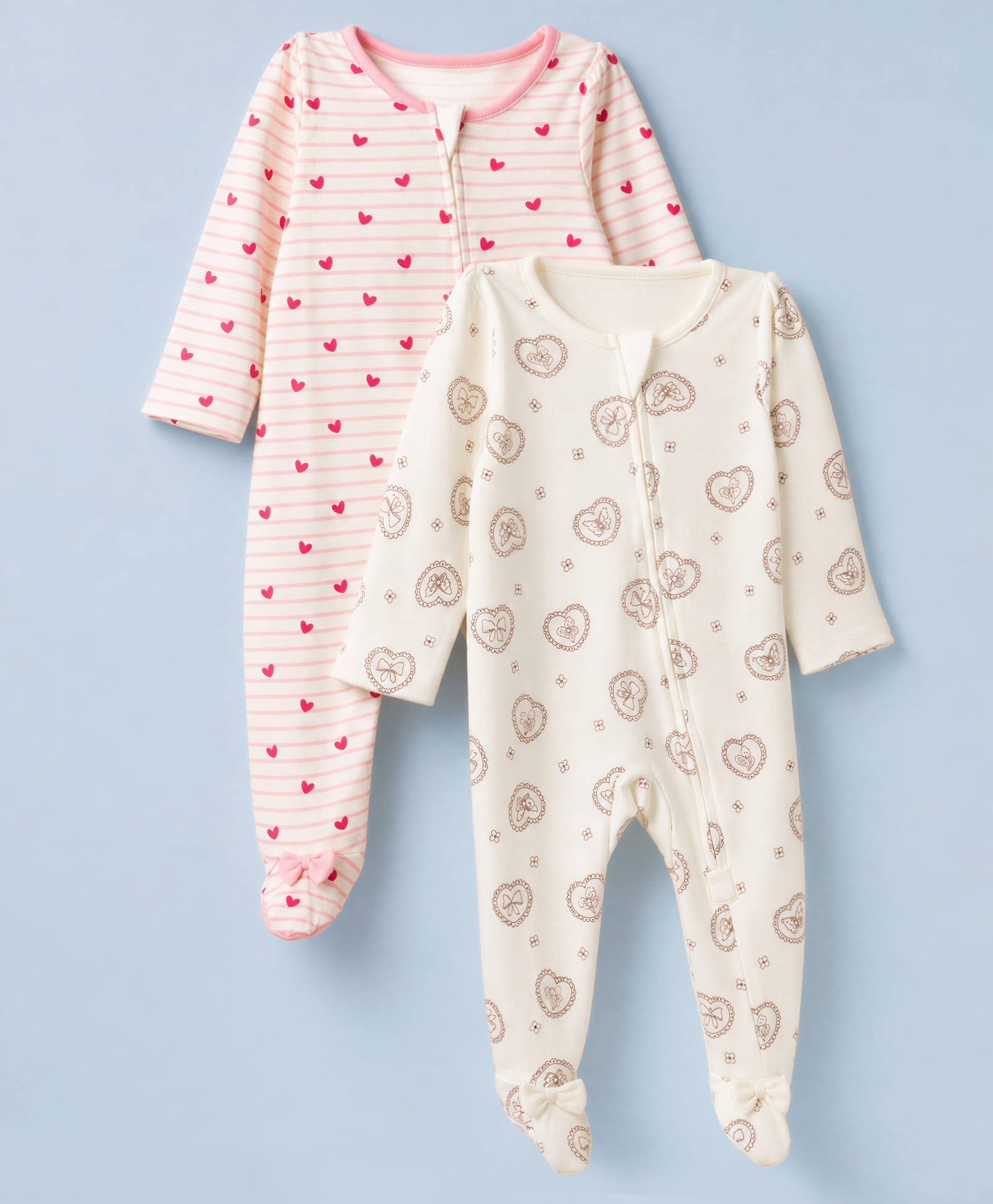 Babyoye 100% Cotton Knit Eco Jiva Finish Full Sleeves Sleep Suits with Heart & Butterfly Print Pack of 2 - Baby Pink & Cream-image-27
