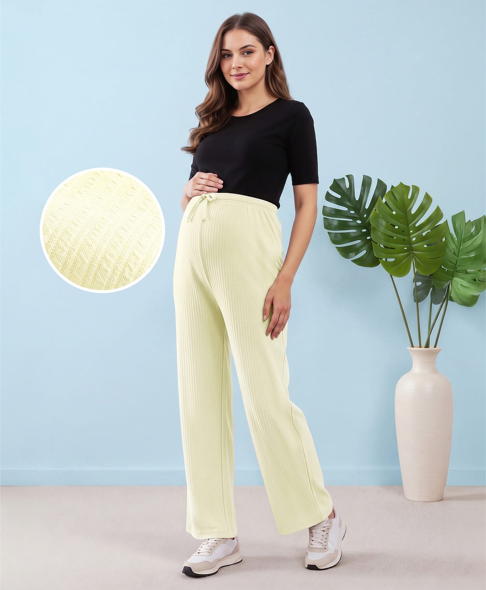 Bella Mama Knit Full Length Striped Maternity High Coverage Maternity Pant - Cream-picture-25