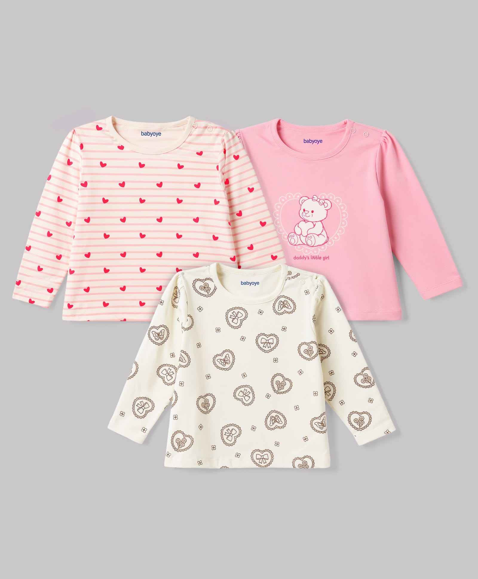 Babyoye 100% Cotton With Eco Jiva Finish Knit Full Sleeves Hearts & Bear Printed Vests Pack of 3 - White & Pink-image-46