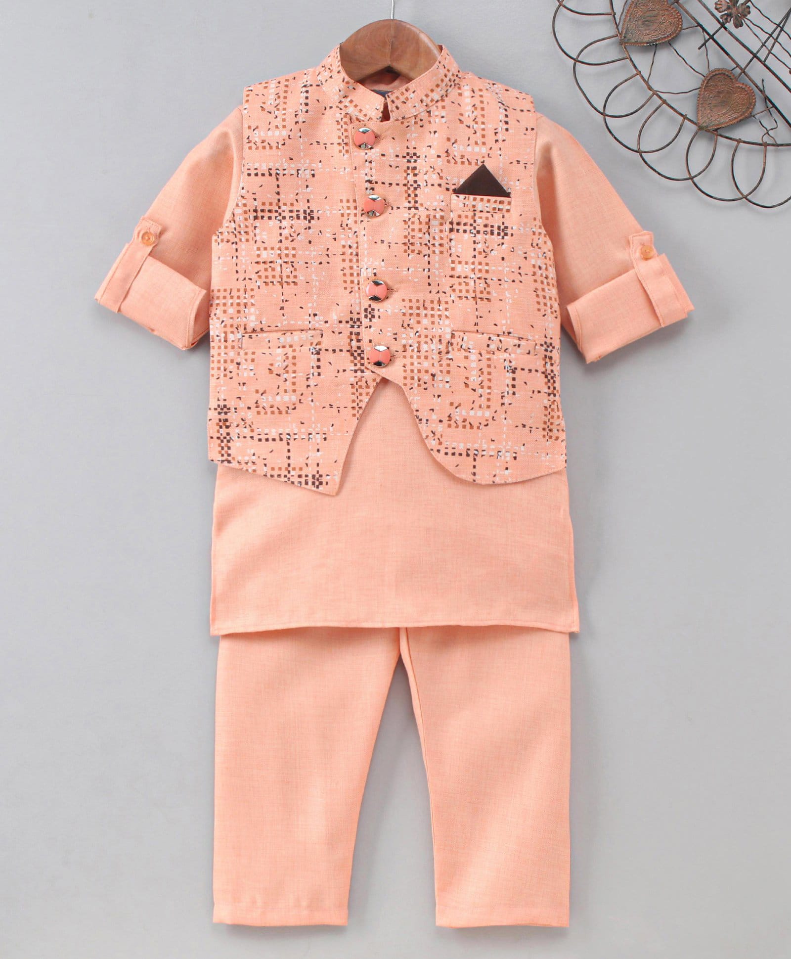 Dapper Dudes Woven Full Sleeves Printed Kurta Pyjama Set With Waistcoat - Peach-image-5