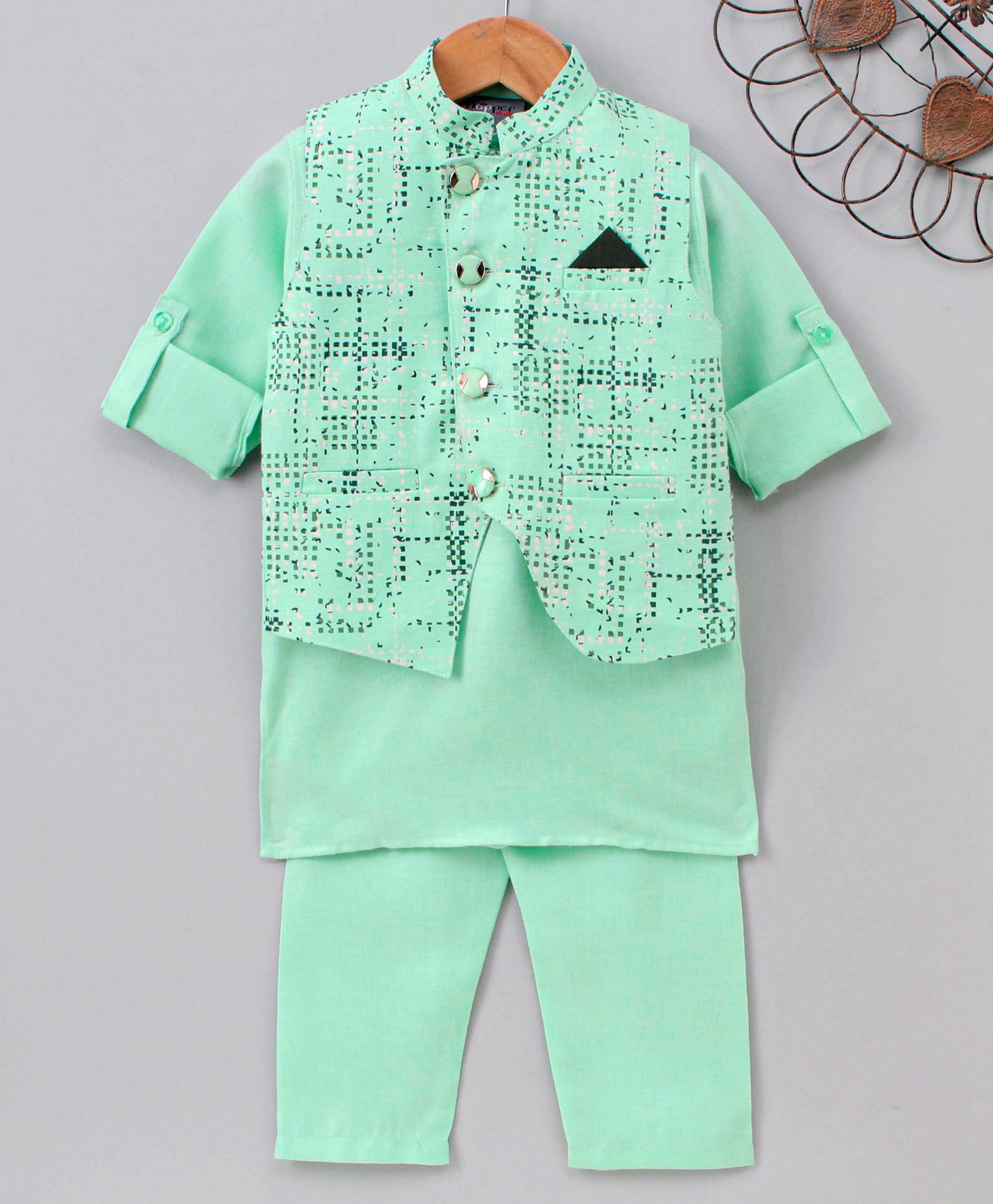 Dapper Dudes Woven Full Sleeves Printed Kurta Pyjama Set With Waistcoat - Light Green-image-27