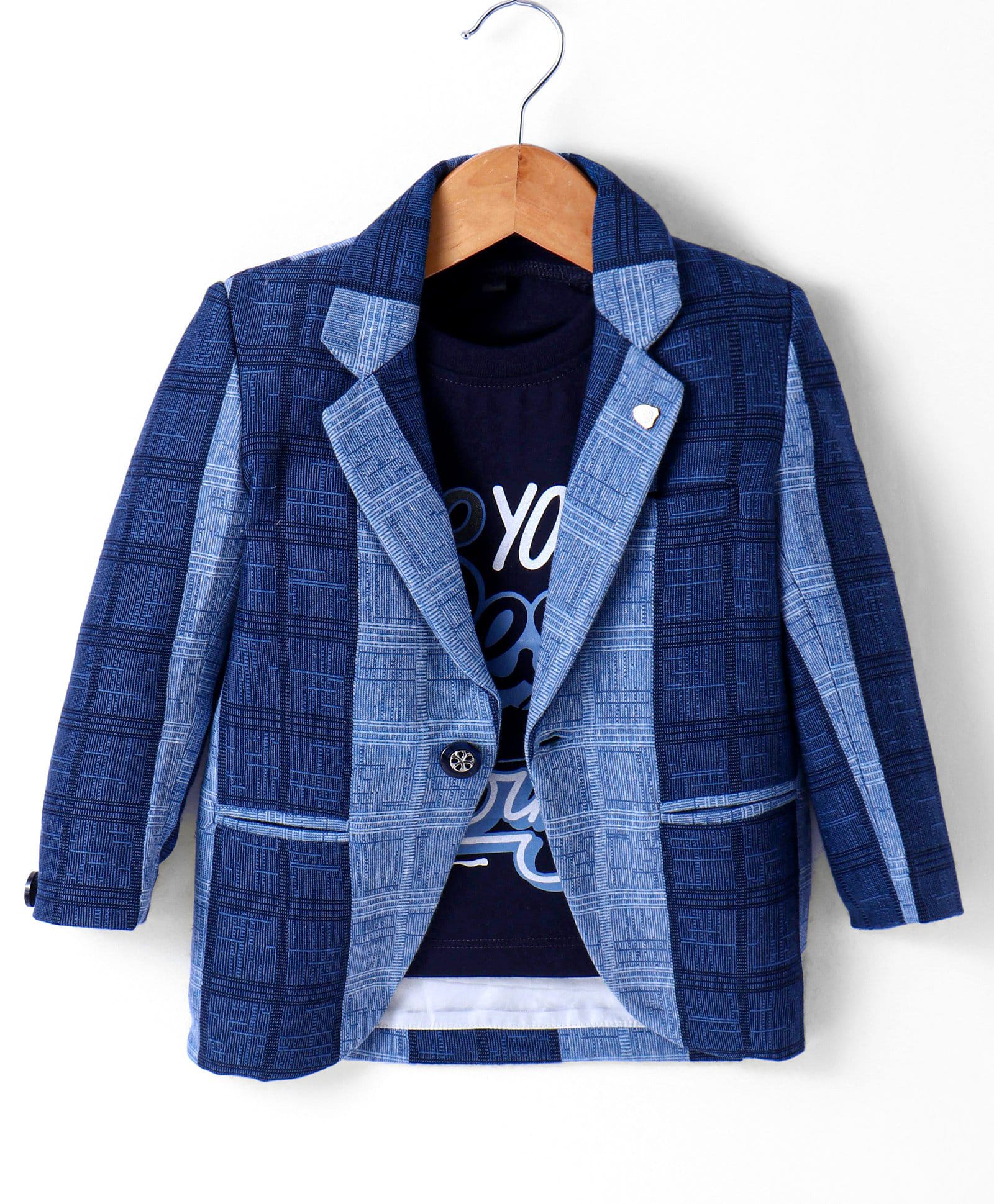 Dapper Dudes Cotton Woven Full Sleeves Printed Checks Blazer & T-Shirt With Text Print - Blue-image-28