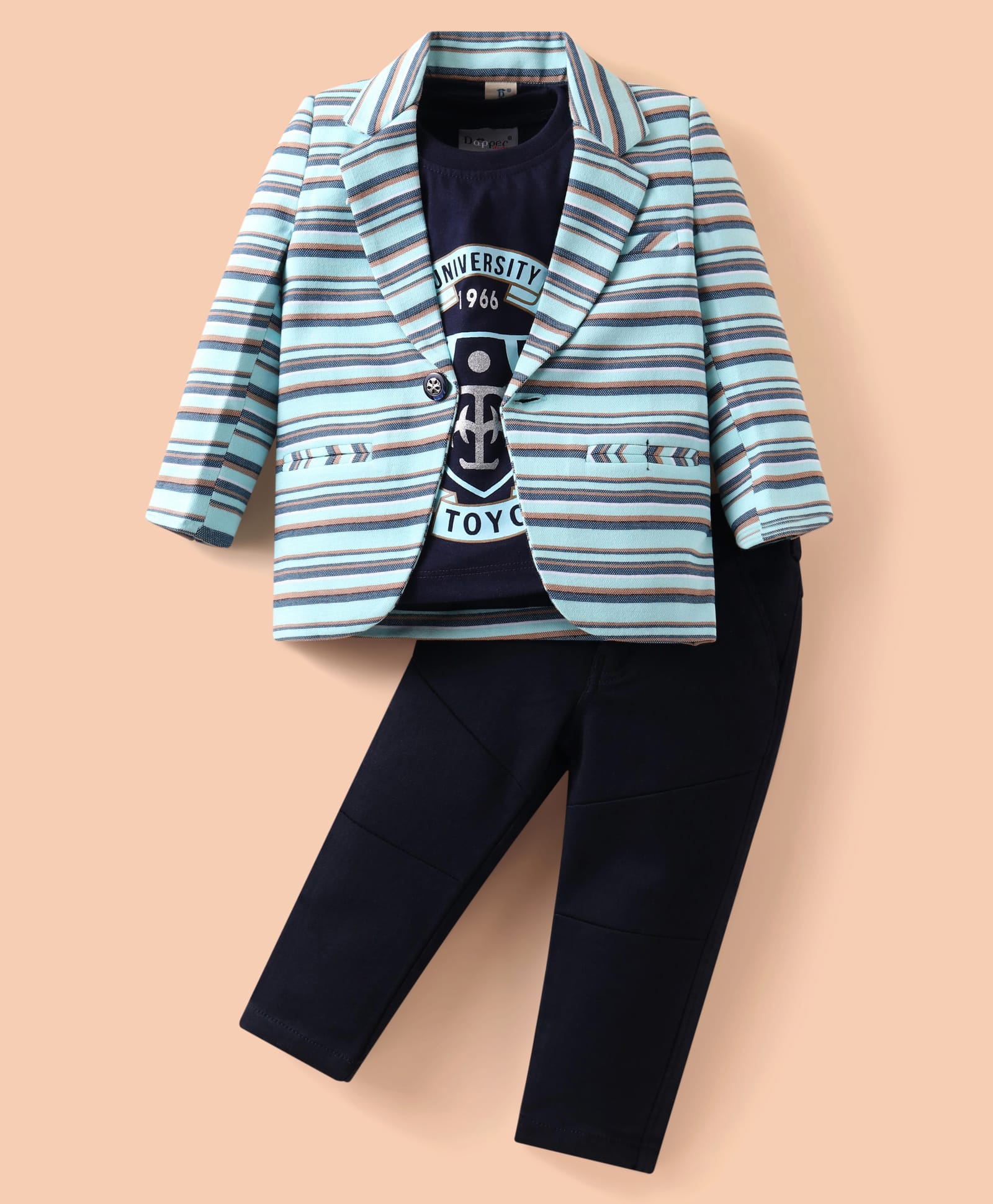 Dapper Dudes Cotton Woven Printed Party T-Shirt & Pant Set With Striped Blazer - Green-image-26