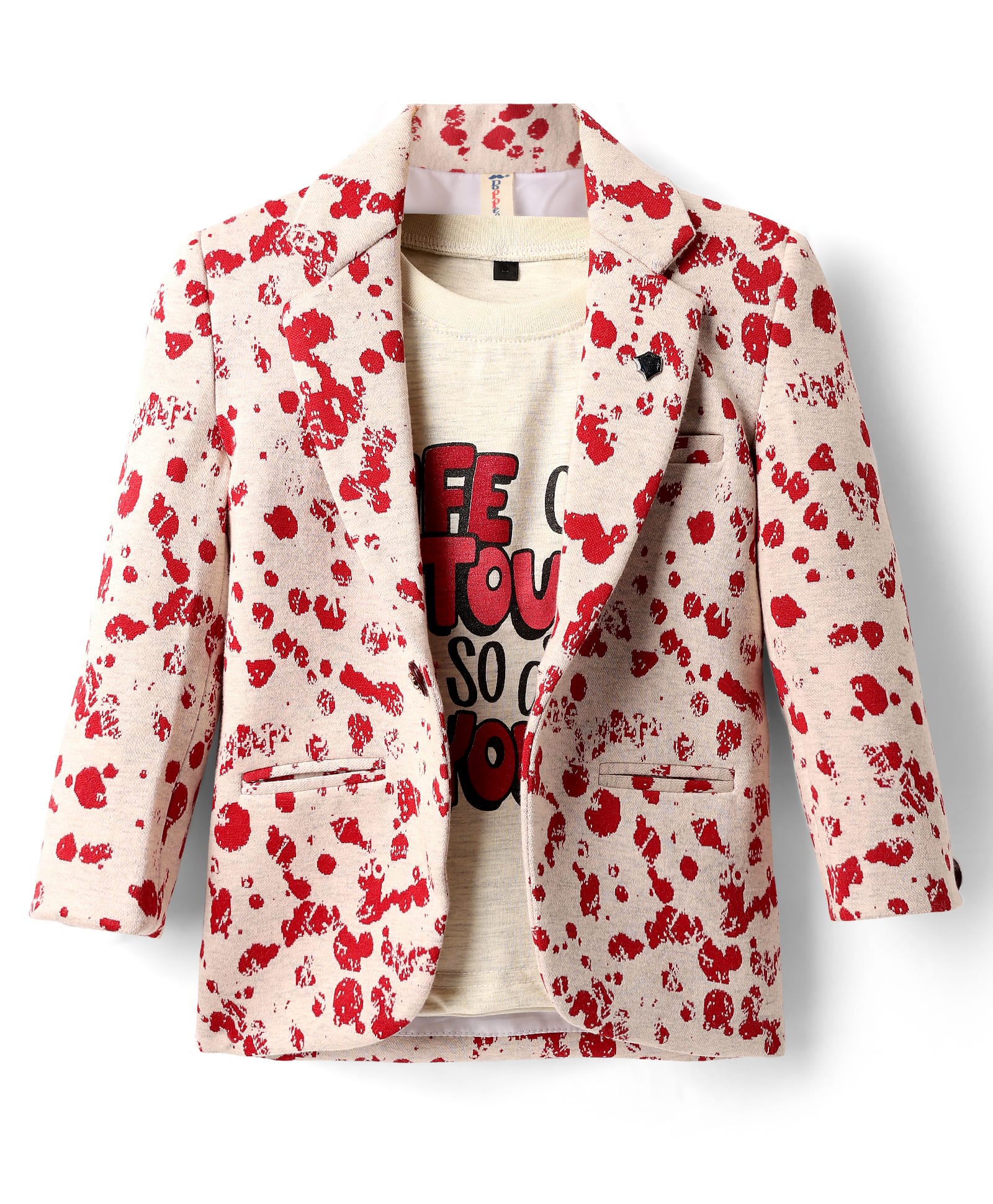 Dapper Dudes Cotton Woven Full Sleeves Circle Print Blazer With Typographic Printed Tee - Red-picture-19