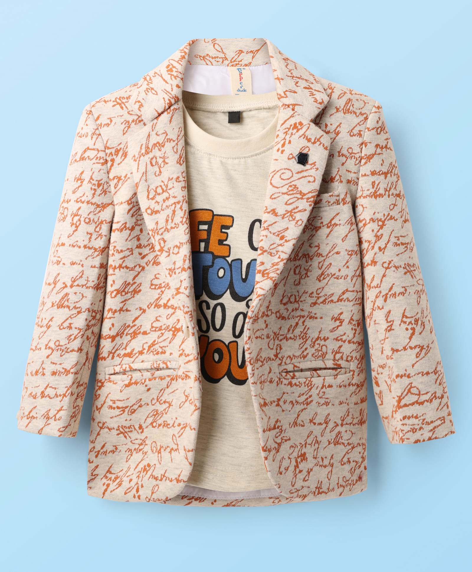 Dapper Dudes Cotton Woven Full Sleeves Text Printed Blazer With Tee - Mustard-picture-32