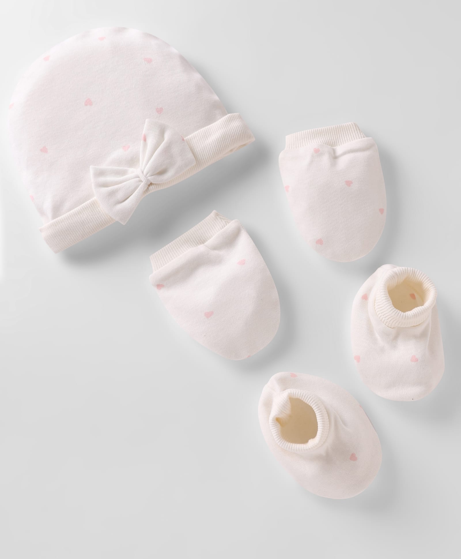 Bonfino 100% Cotton Knit Cap, Mitten & Booties Set With Heart Print & Bow Applique White - Diameter 10.5 cm-image-17