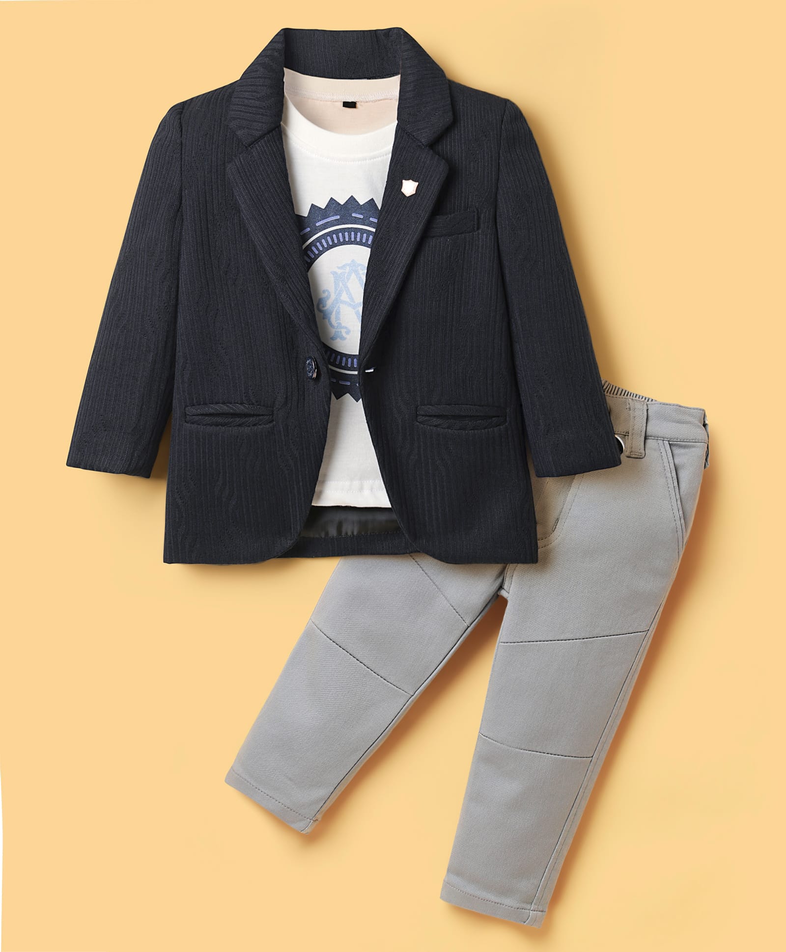 Dapper Dudes Cotton Woven Printed Party T-Shirt & Pant With Self Design Full Sleeves Blazer - Navy Blue-picture-12