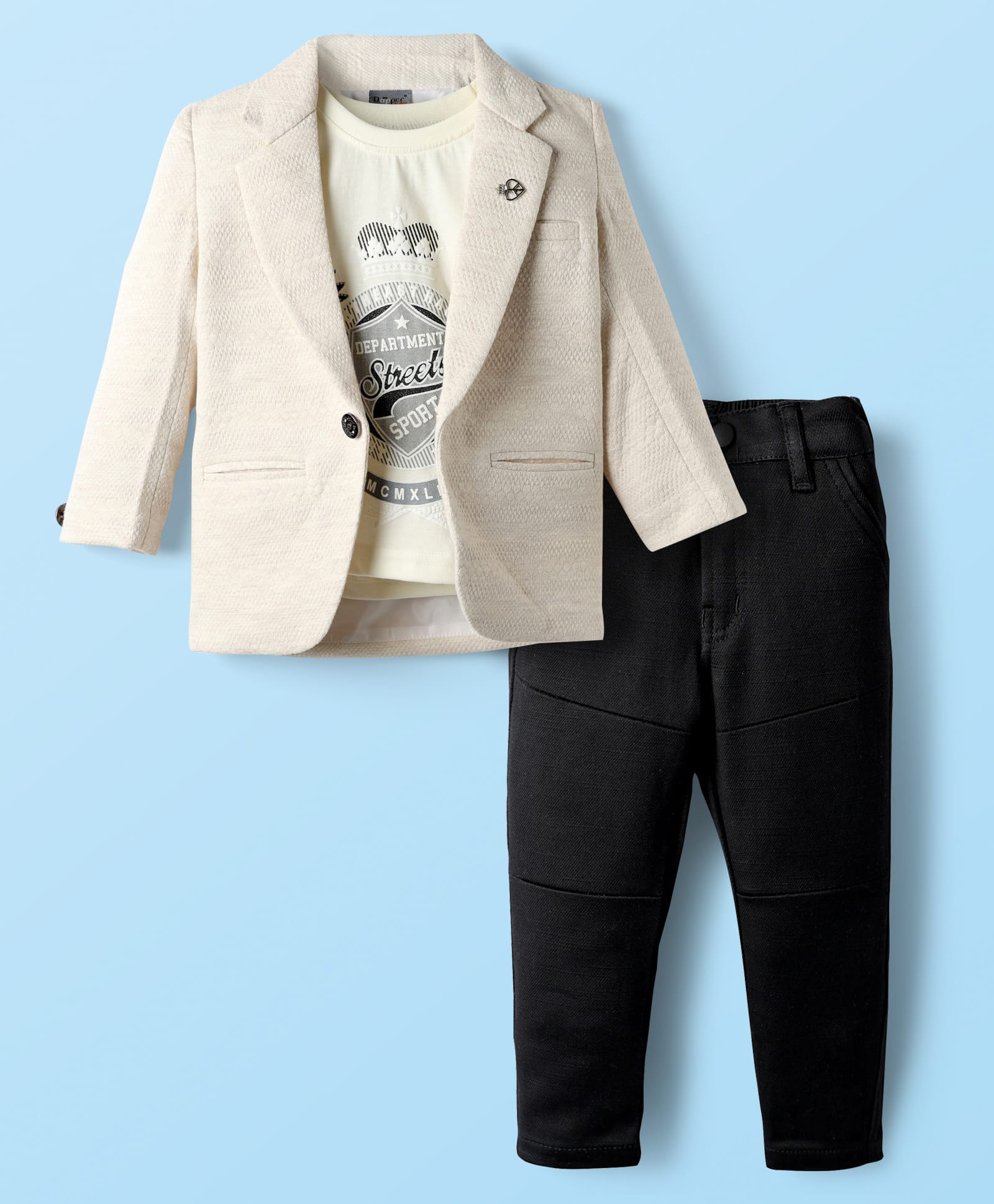 Dapper Dudes Cotton Woven Printed Party T-Shirt & Pant With Self Design Full Sleeves Blazer - Offwhite-image-37