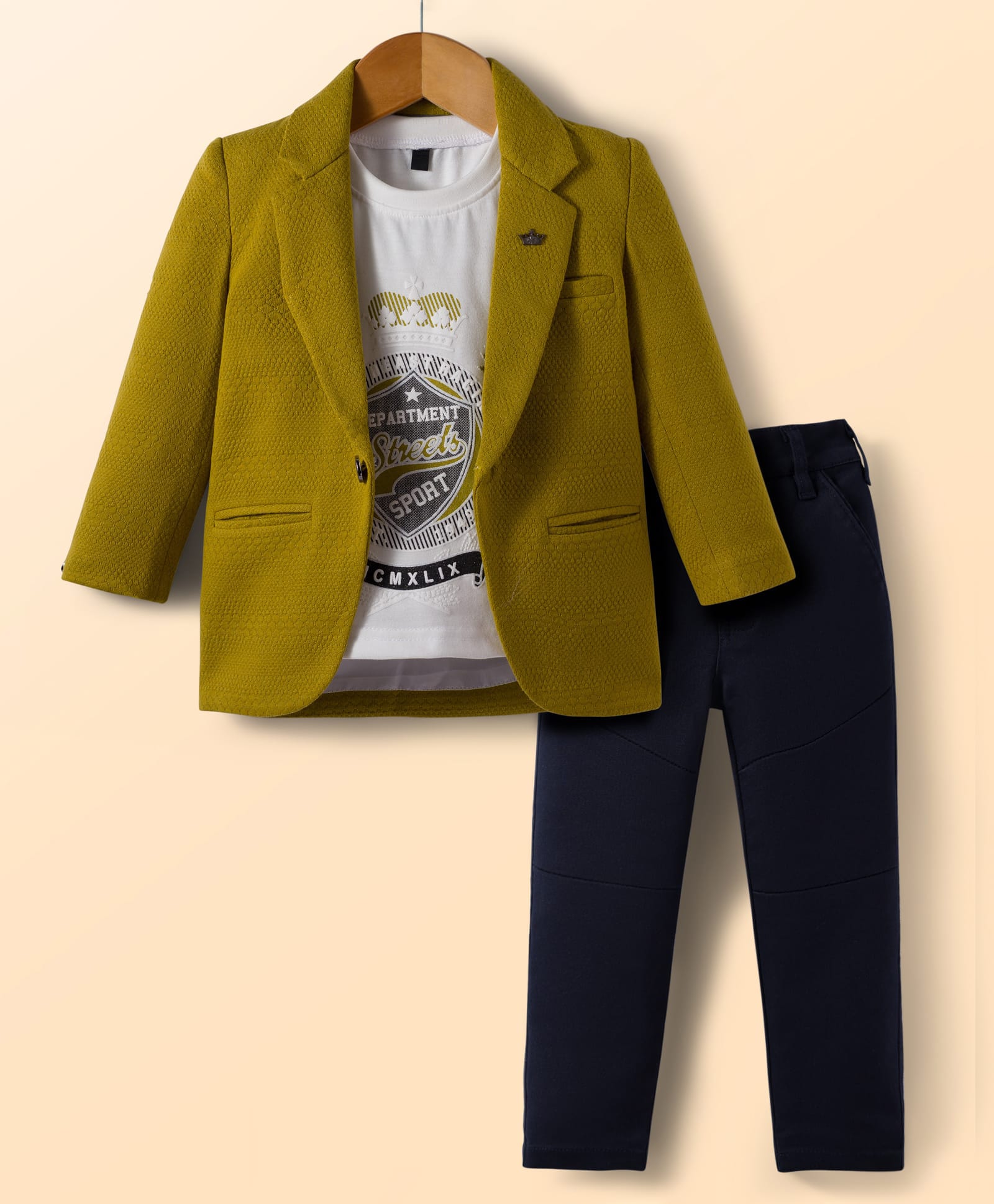 Dapper Dudes Cotton Woven Printed Party T-Shirt & Pant With Self Design Full Sleeves Blazer - Olive Green-image-3