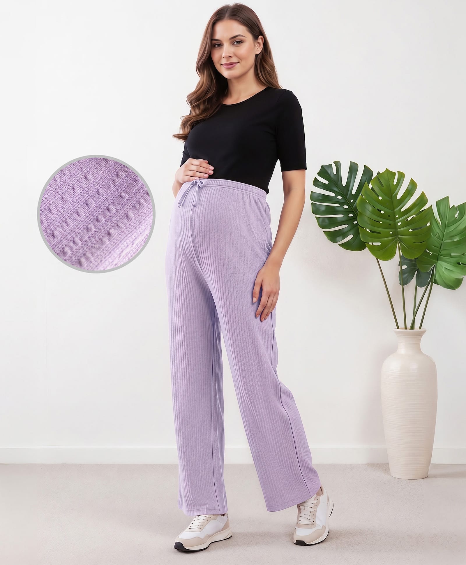 Bella Mama Knit Full Length Striped Maternity High Coverage Maternity Pant - Lilac-picture-15