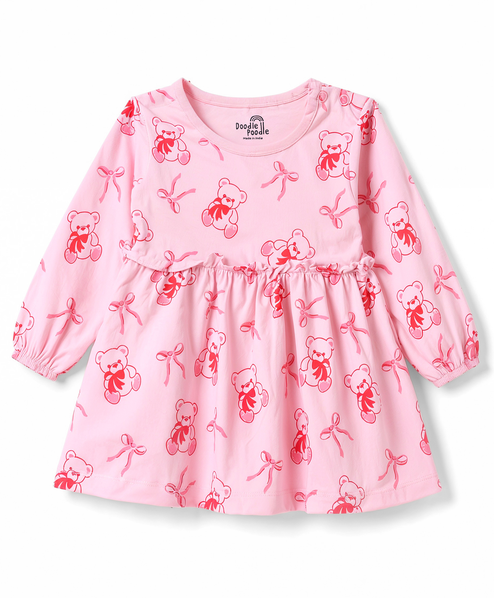 Doodle Poodle 100% Cotton Knit Full Sleeves Bear & Bow Printed Frock - Pink-picture-16