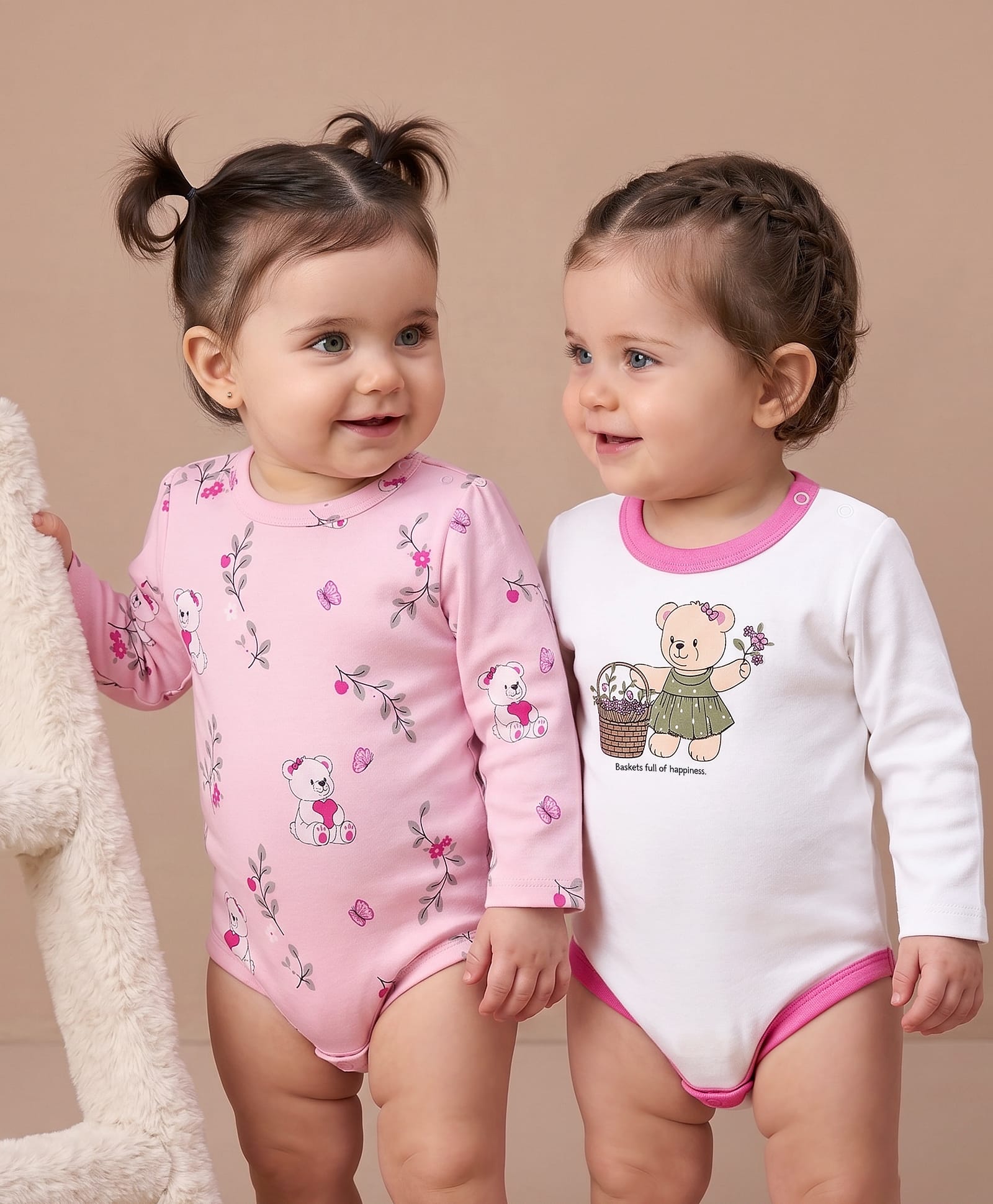Babyoye 100% Cotton Knit With Eco Jiva Finish Full Sleeves Floral & Bear Printed Onesies Pack Of 2 - Pink & White-image-47