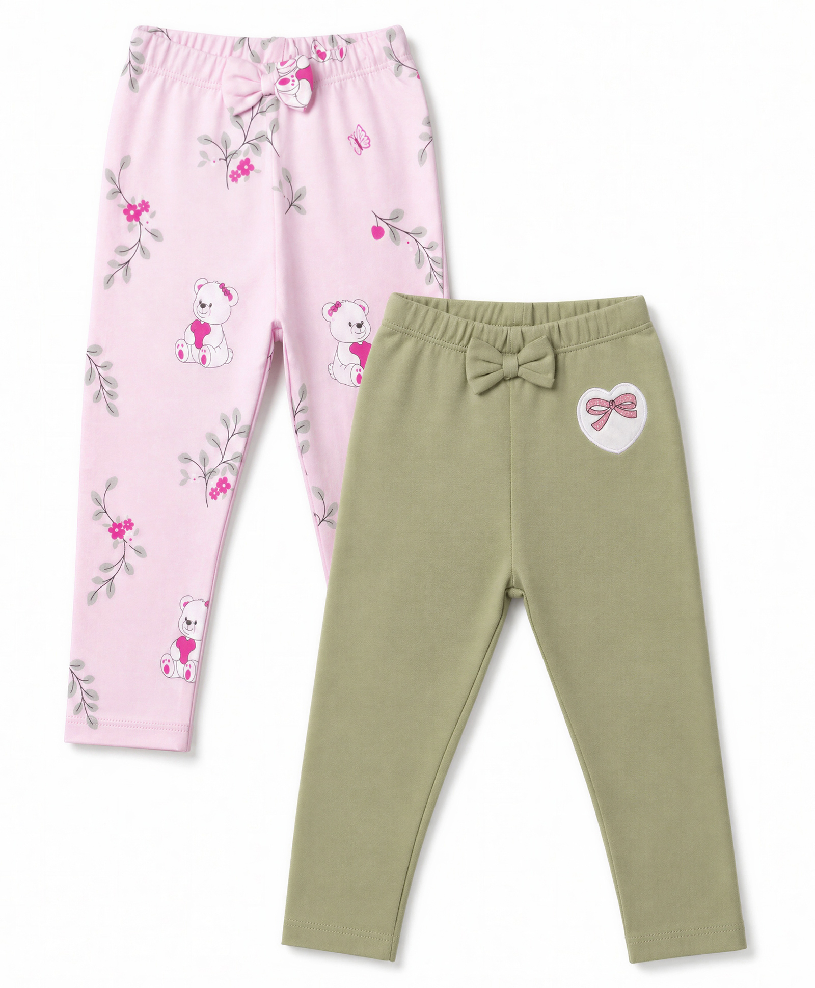 Babyoye 100% Cotton Interlock Knit With Eco Jiva Finish Full Length Leggings With Teddy Bear Print & Heart Patch Pack of 2 - Pink & Green-picture-17