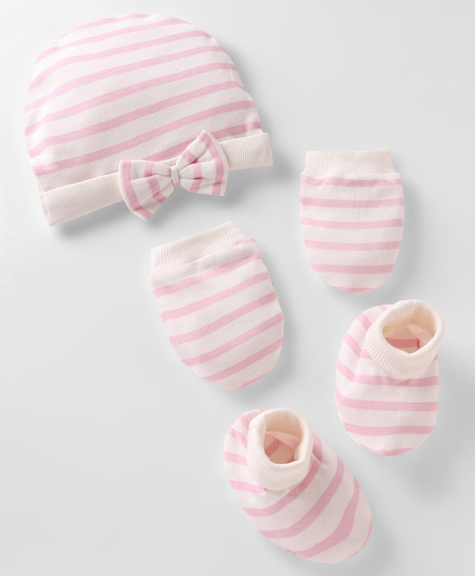 Bonfino 100% Cotton Knit Striped Cap, Mitten & Booties Set With Bow Applique White - Diameter 10.5 cm-image-16