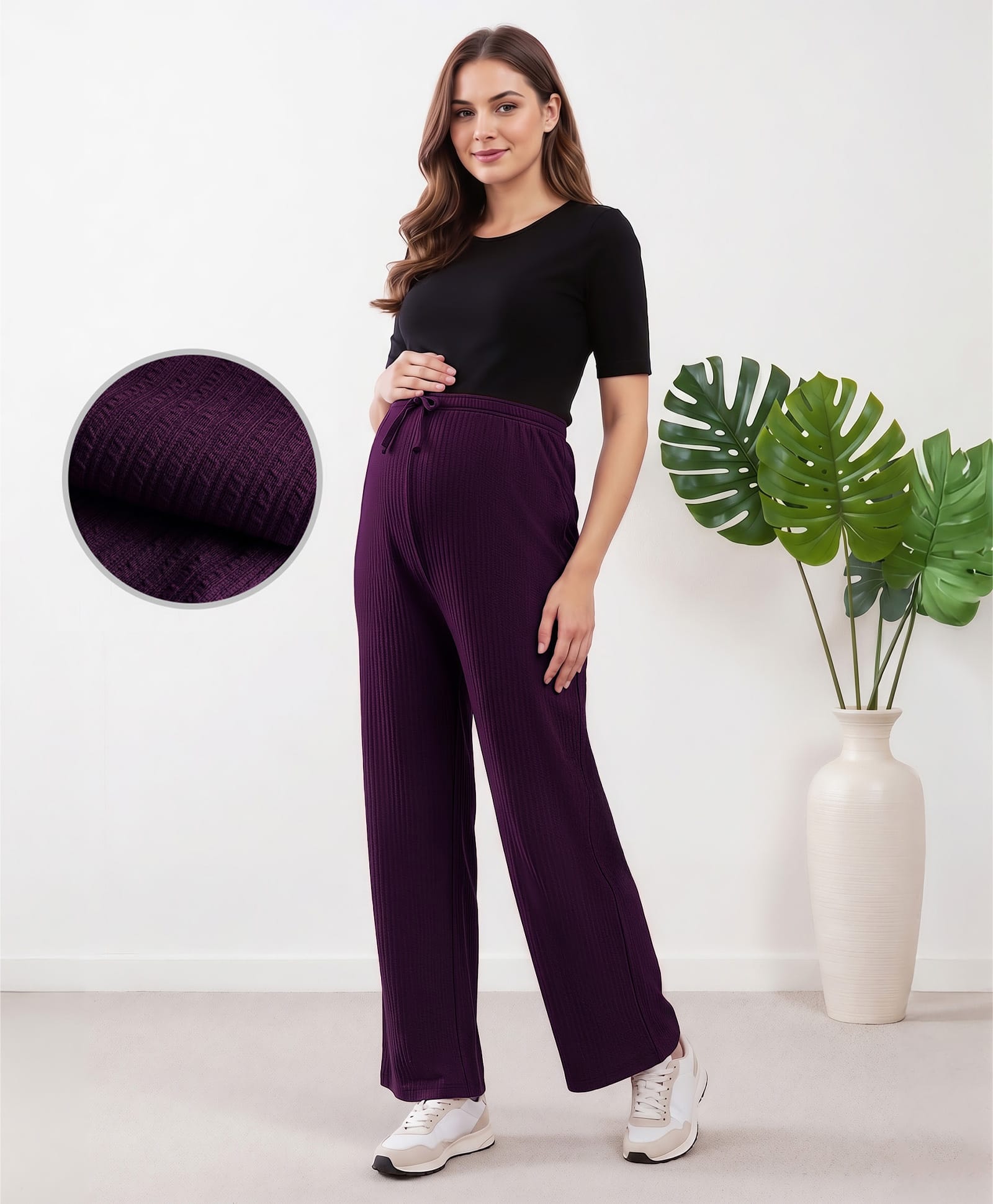 Bella Mama Knit Full Length Striped Maternity High Coverage Maternity Pant - Wine-picture-16