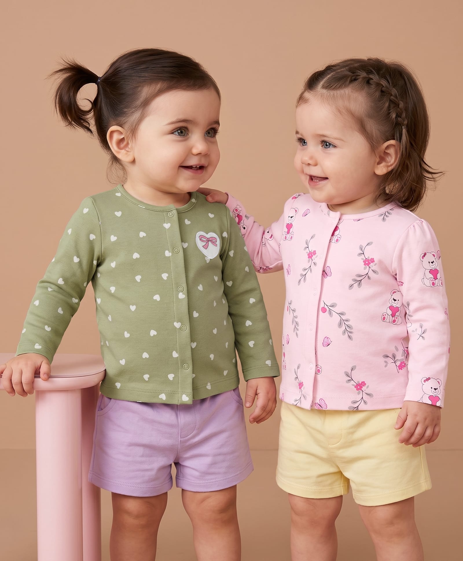 Babyoye 100% Cotton Interlock Knit Full Sleeves with Eco Jiva Finished Jhablas Floral Bear & Hearts Print Pack of 2 - Pink & Olive Green-picture-17
