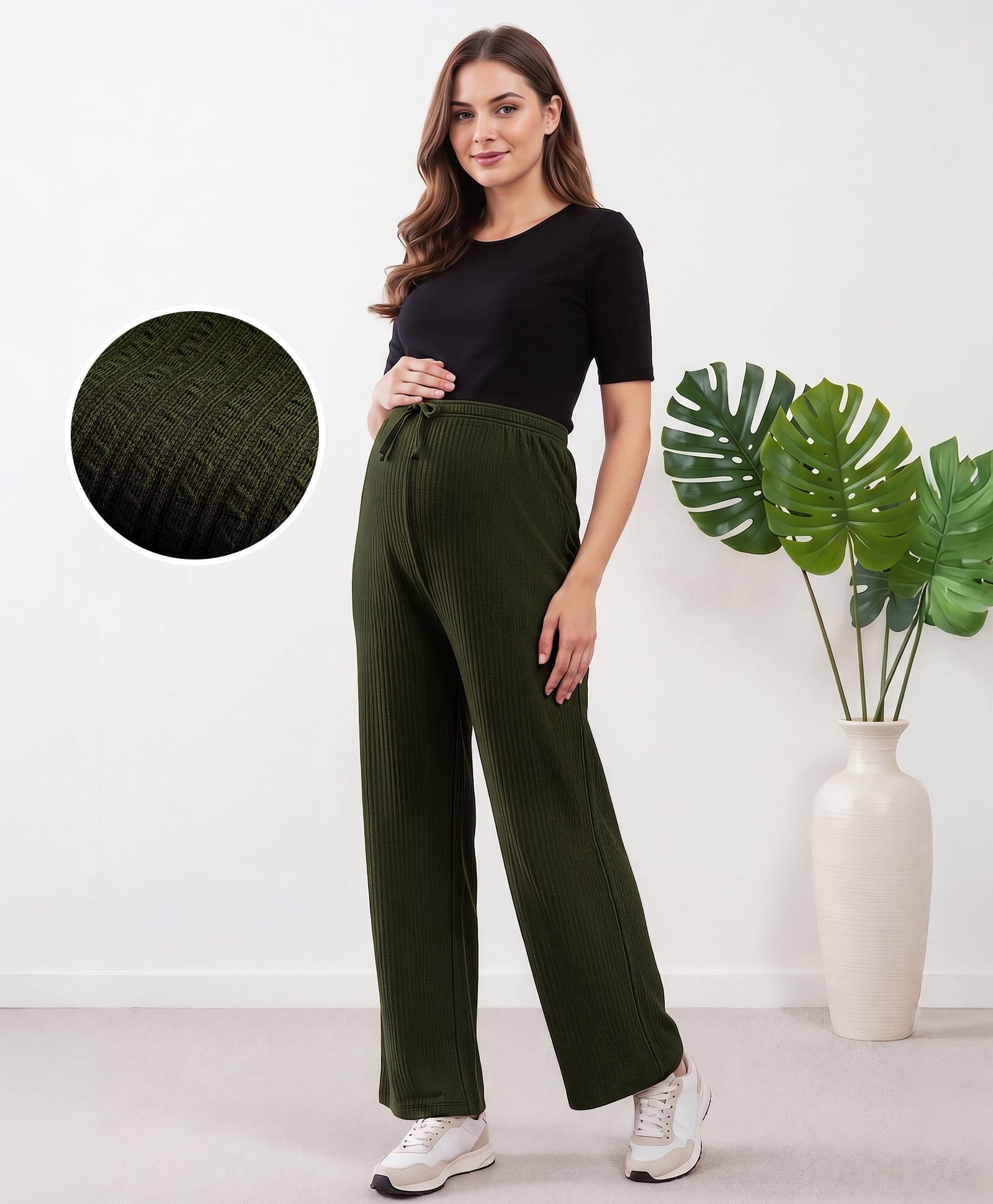 Bella Mama Knit Full Length Striped Maternity High Coverage Maternity Pant - Olive Green-image-8