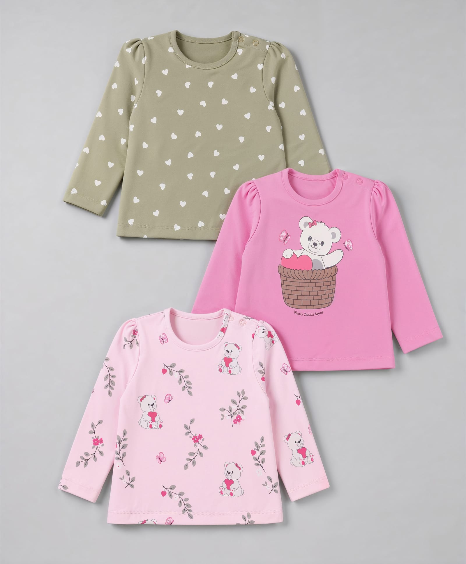 Babyoye 100% Cotton Interlock Knit Full Sleeves Jhablas With Heart & Teddy Bear Print Pack of 3 - Pink, Light Pink & Olive Green-picture-24