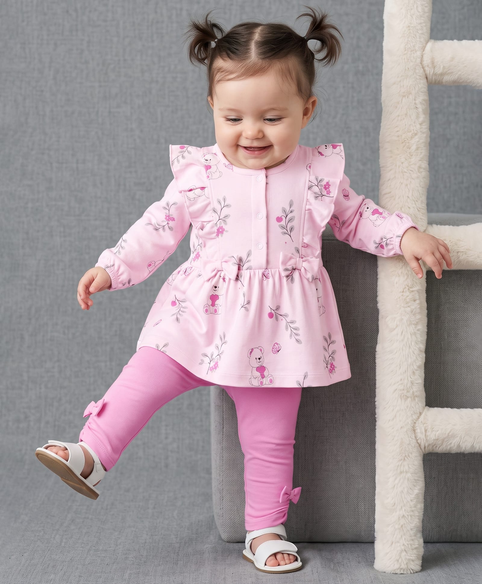 Babyoye 100% Cotton Knit With Eco Jiva Finish Full Sleeves Floral & Bear Printed Top & Leggings Set With Bow Applique - Pink-image-48