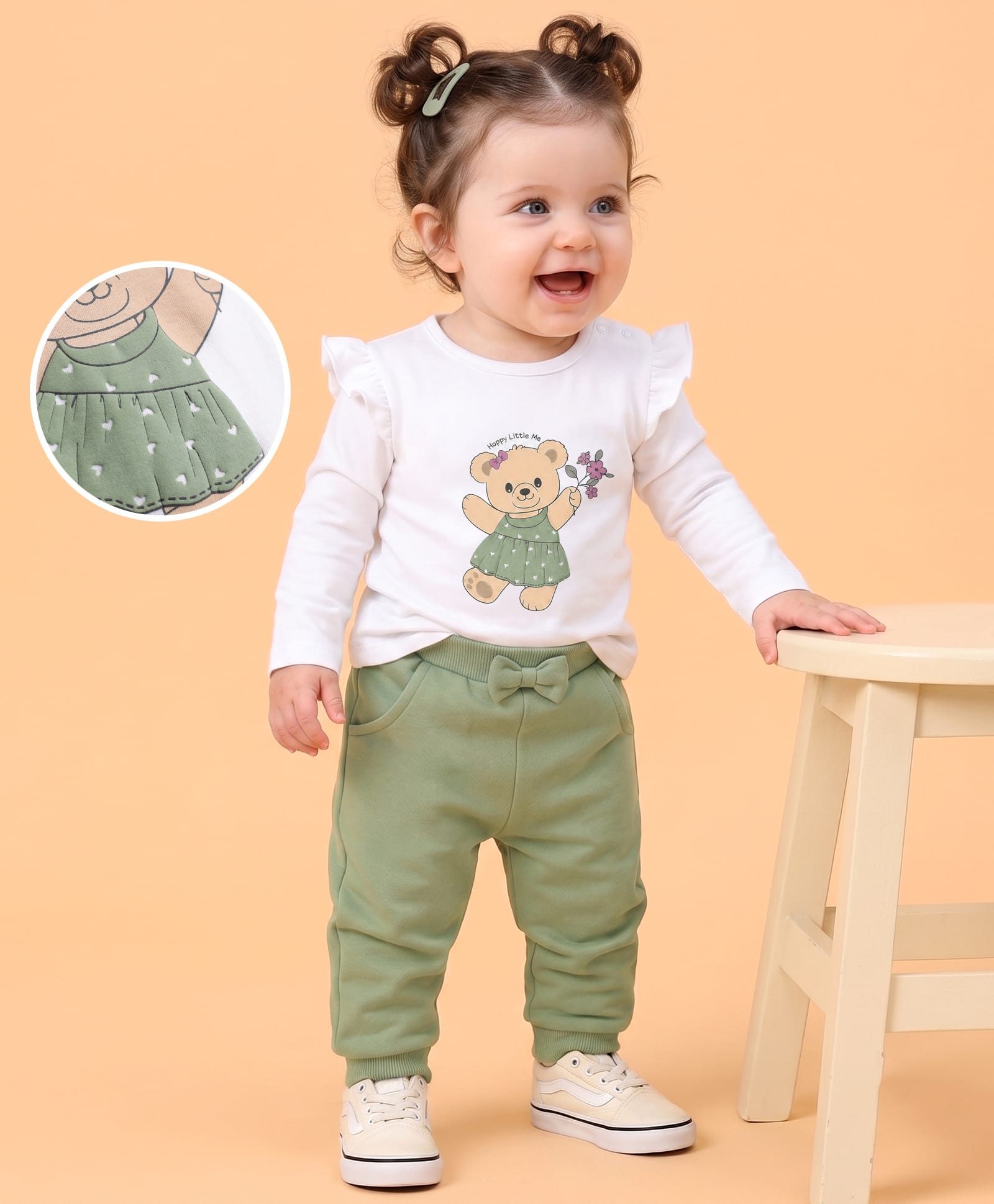 Babyoye 100% Cotton Interlock Knit With Eco Jiva Finish Full Sleeve T-Shirts & Bottoms With Teddy Bear Print - White & Green-picture-28