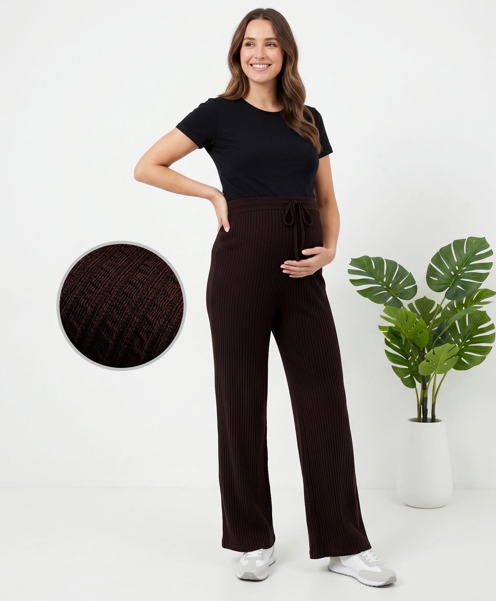 Bella Mama Knit Full Length Striped Maternity High Coverage Maternity Pant - Brown-image-9