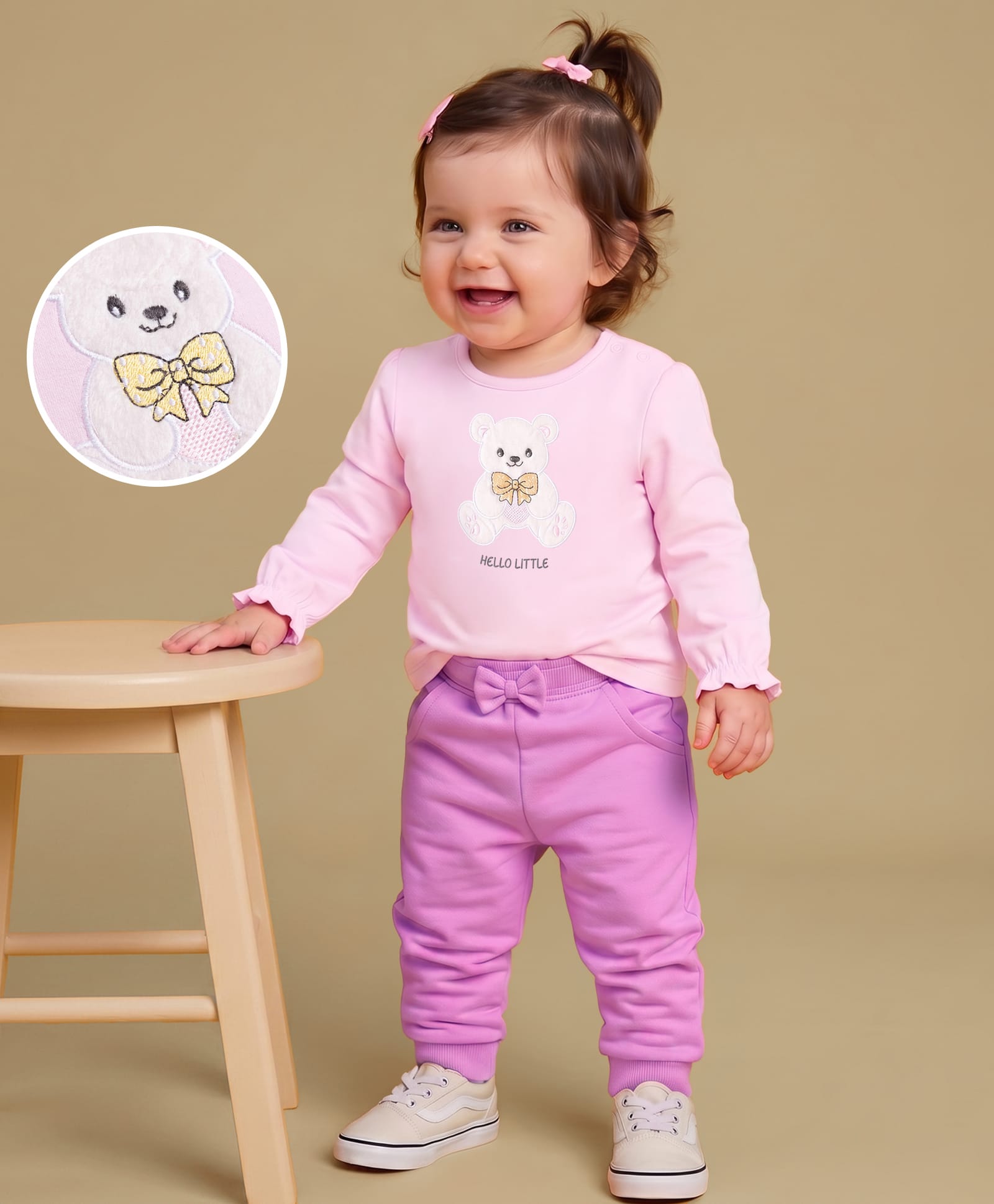 Babyoye 100% Cotton Interlock Knit With Eco Jiva Finish Solid Full Sleeve T-Shirts & Jogger With Teddy Bear Patch - Pink-picture-31