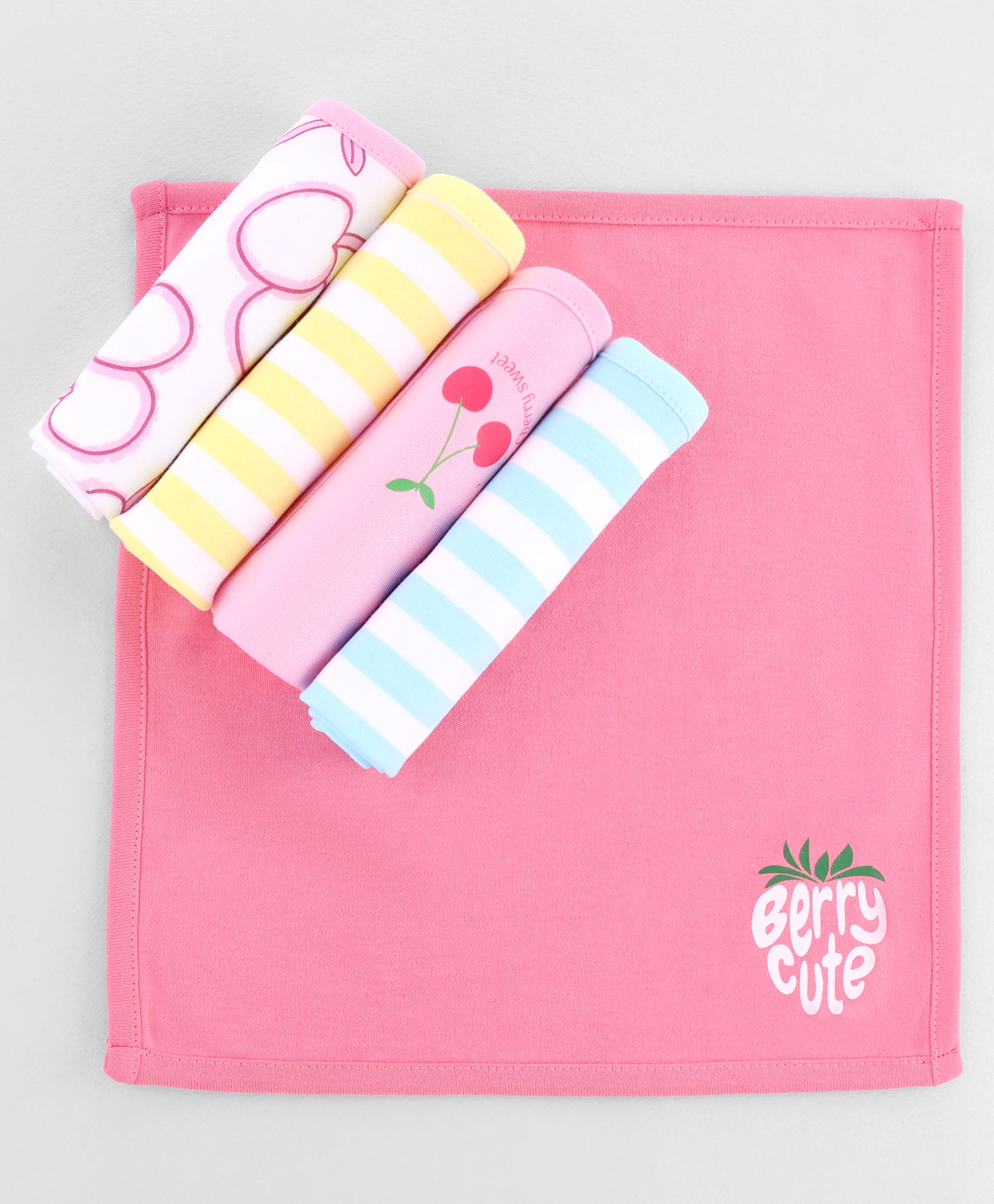 Doodle Poodle 100% Cotton Knit Cherry & Text Printed & Striped Hand & Face Towels Pack Of 5 L 24.5 x B 24.5 cm - Light Pink Yellow & White-image-2