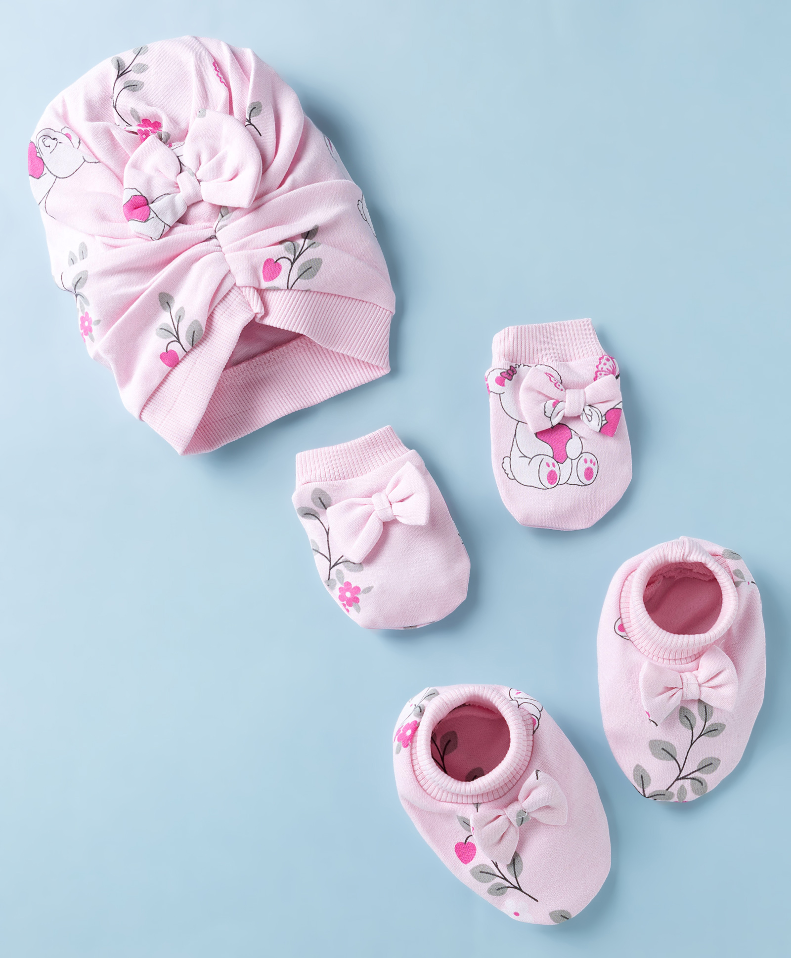 Babyoye 100% Cotton Knit With Eco Jiva Finish Bear Printed Cap Mittens & Booties Set With Bow Applique Pink - Diameter 15 cm-picture-33