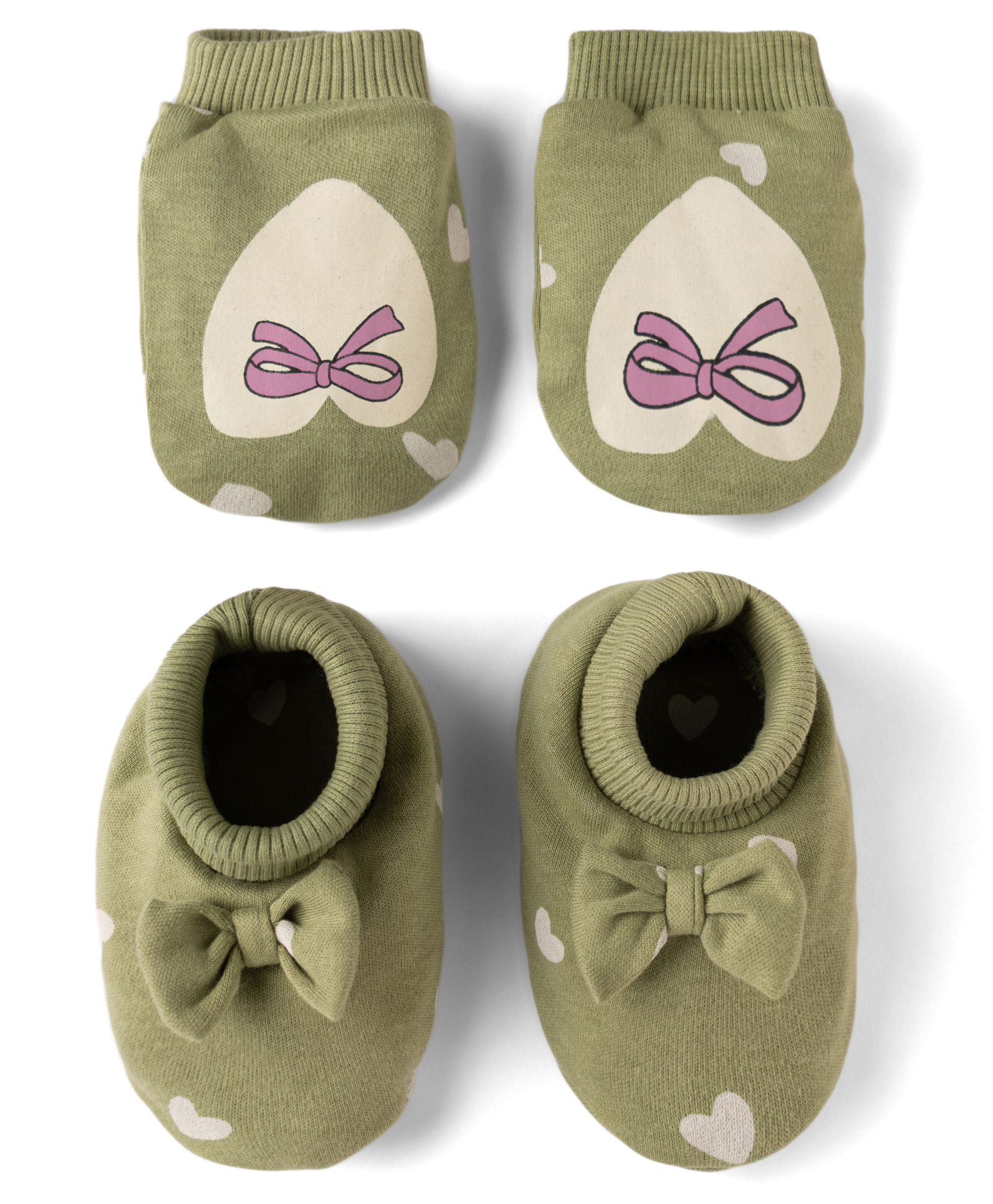 Babyoye 100% Cotton Interlock Knit With Eco Jiva Finish Mitten & Booties Set With Heart & Bow Print & Applique - Olive Green-picture-36