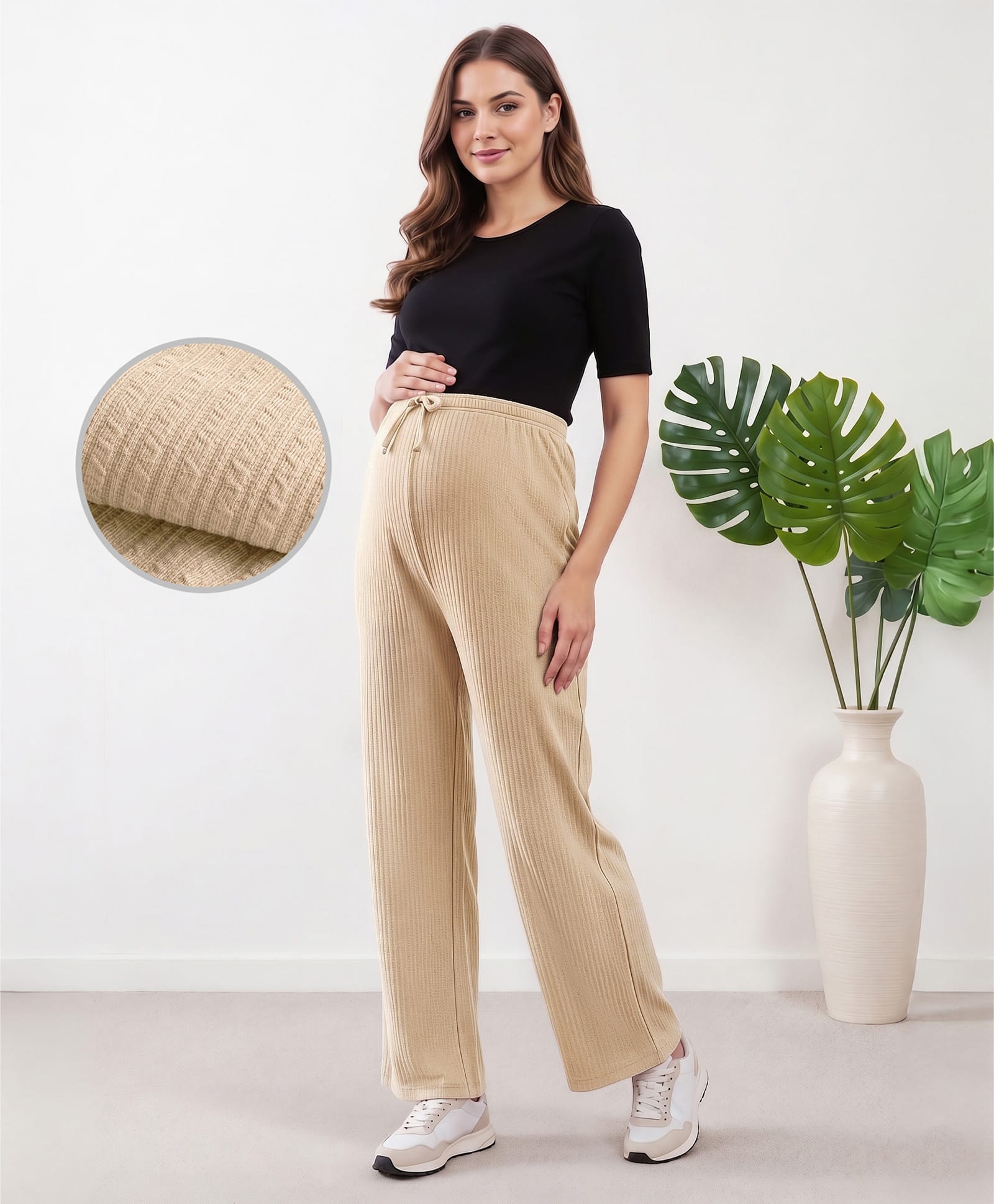 Bella Mama Full Length High Coverage Maternity Rib Knit Solid Coloured Pant - Beige-picture-13