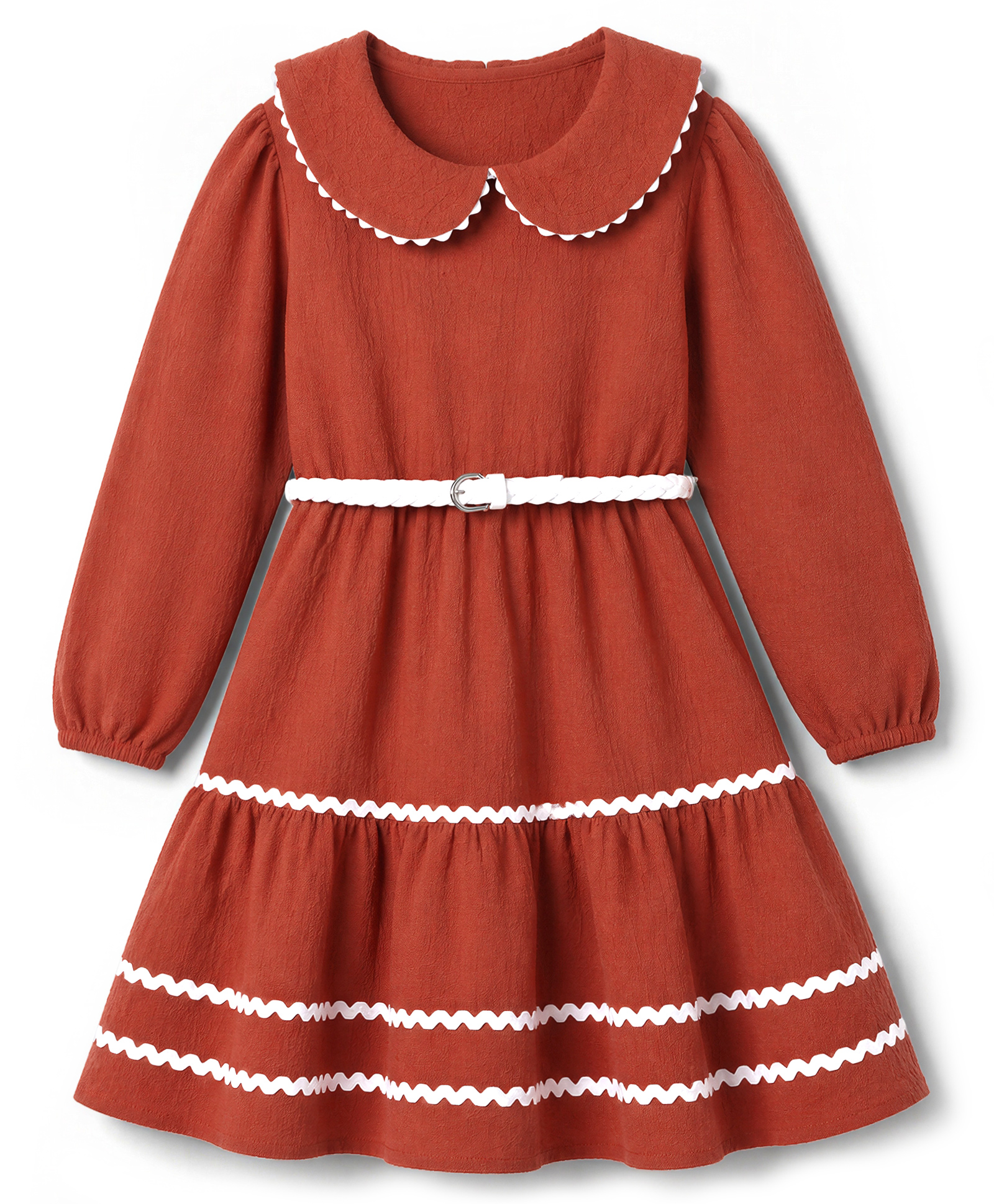 Hola Bonita Cotton Woven Dress and Belt with Full Sleeves - Rust Orange-picture-10