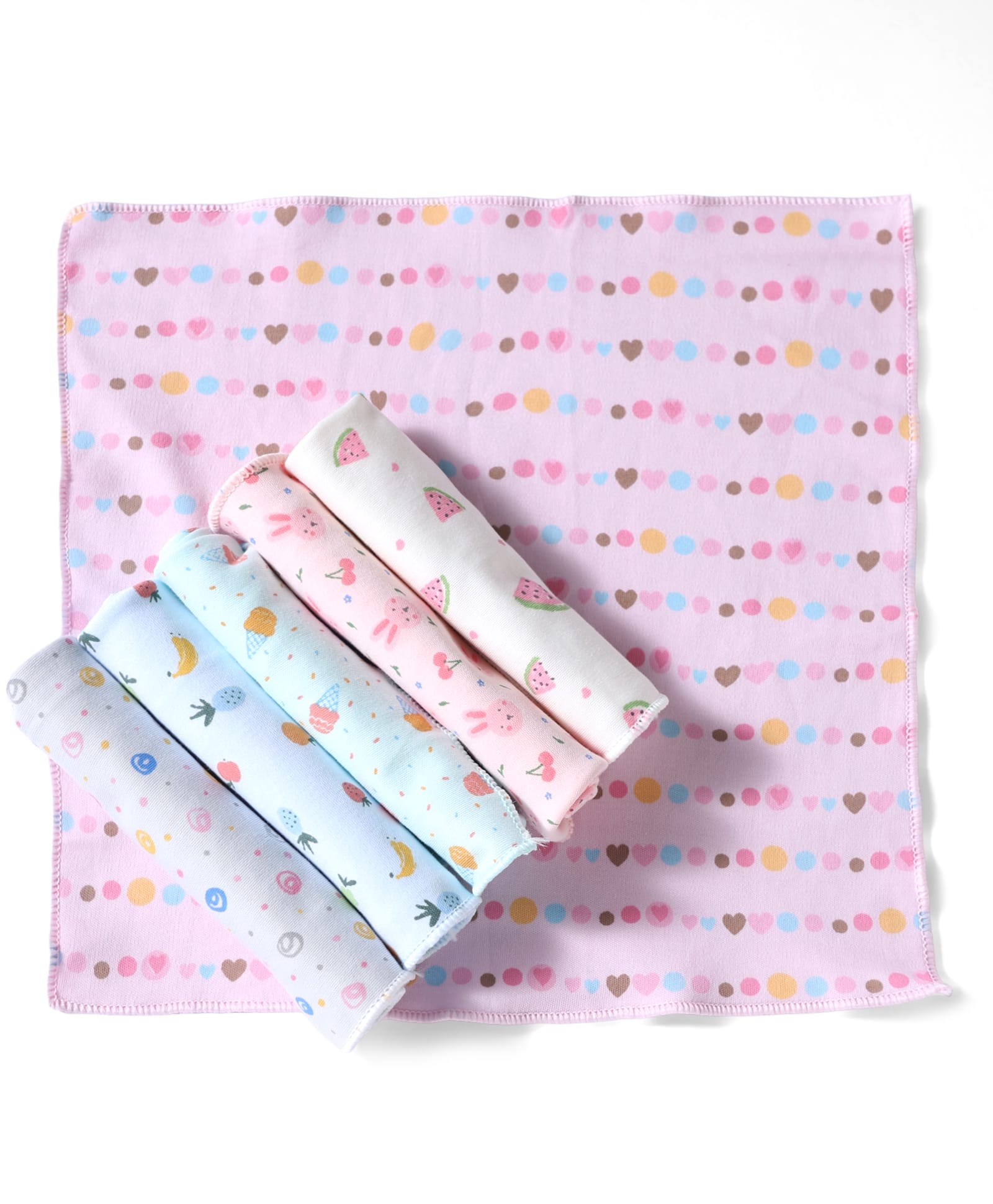 Simply Interlock Knit Polka Dots & Tropical Theme Printed Hand & Face Towels Pack Of 6 L 25 x B 25 cm - Grey ,Pink & Light Blue-image-38