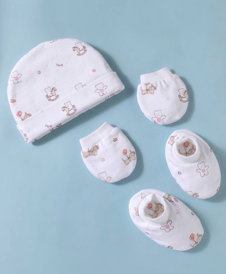Simply Interlock Knit Animal Printed Cap Mittens & Booties Set White - Diameter 16 cm-picture-10