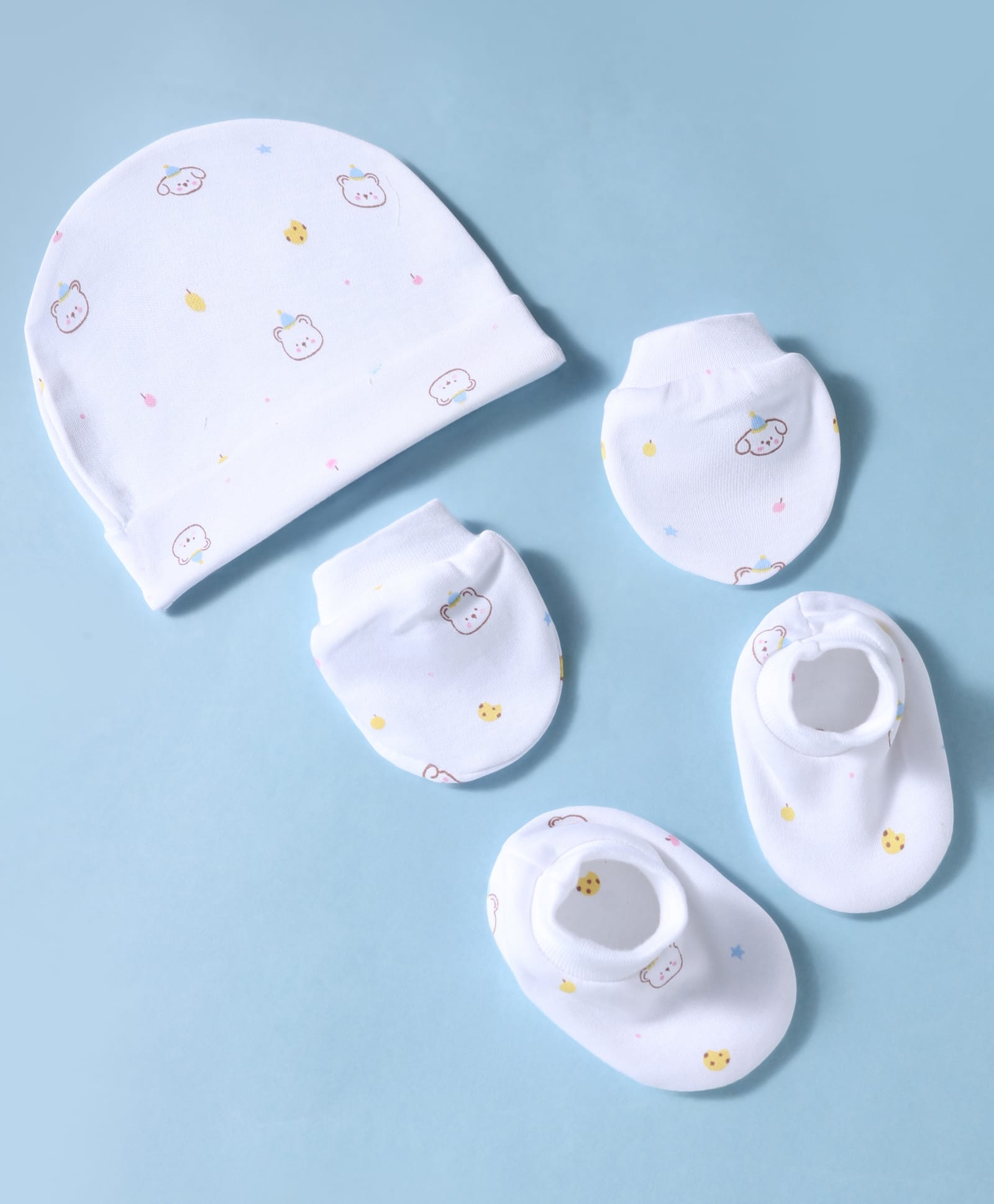 Simply Interlock Knit Bear Printed Cap Mittens & Booties Set White - Diameter 16 cm-picture-33