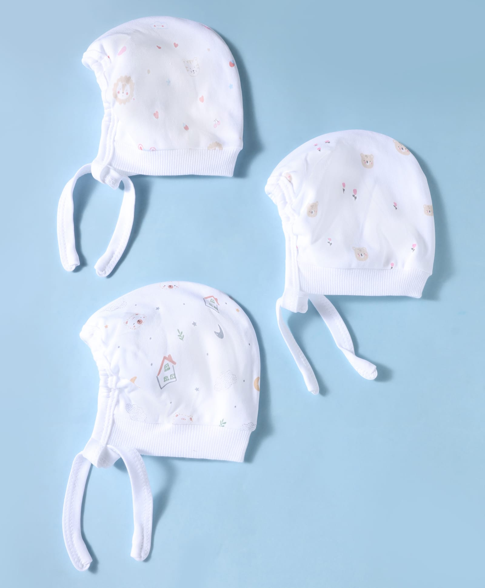 Simply Interlock Knit Animal Printed Baby Caps With Knot Pack Of 3 White - Diameter 14 cm-picture-16