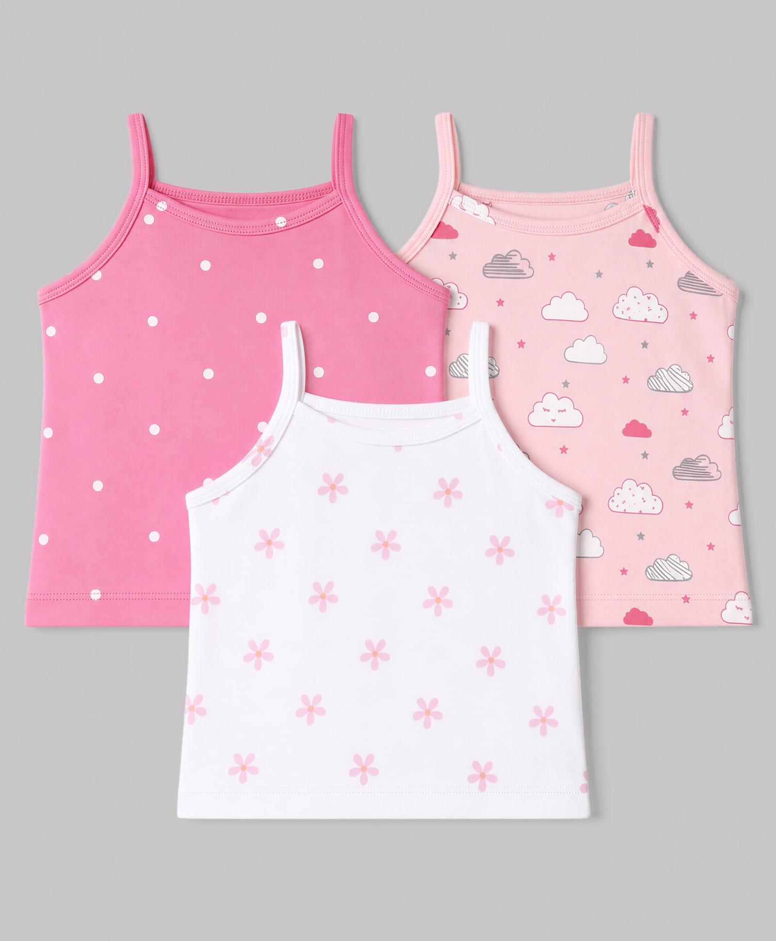 Babyhug 100% Cotton Single Jersey Knit Sleeveless Slips With Polka Dot, Cloud & Floral Print Pack of 3 - Pink, Light Pink & White-image-30