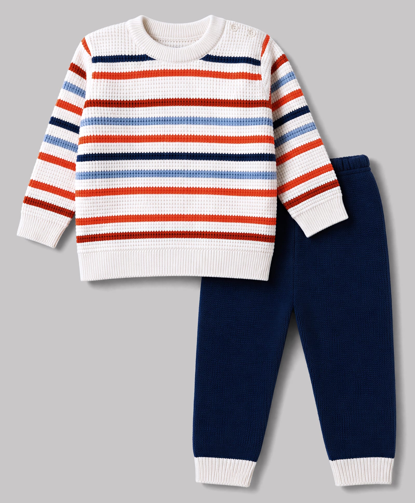 Babyhug Male Knit Full Sleeves Striped Sweater Set - White-picture-32