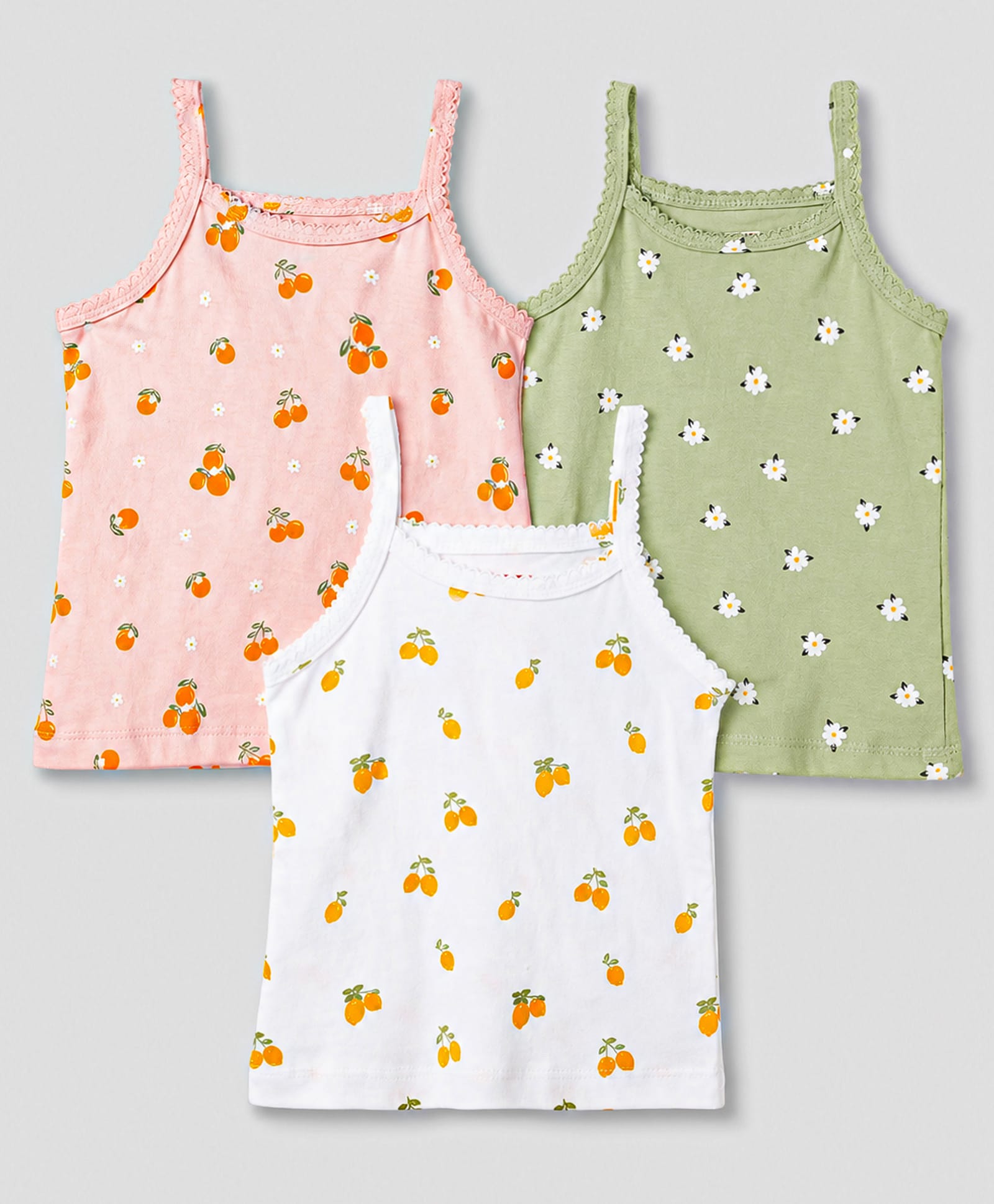 Babyhug 100% Cotton Single Jersey Knit Sleeveless Floral & Lemon Printed Slips Pack of 3 - White Pink & Green-image-41