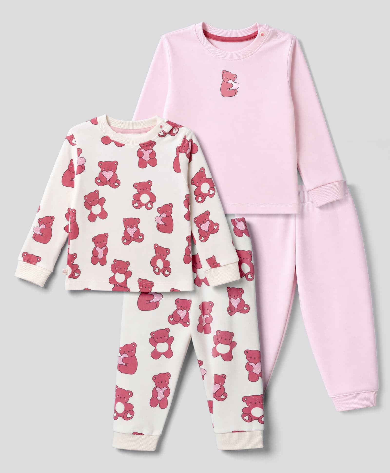 Bonfino 100% Cotton Knit Full Sleeves Co-Ords T-Shirt & Pyjama Night Suit with Teddy Bear Print Pack of 2 - White & Pink-picture-4