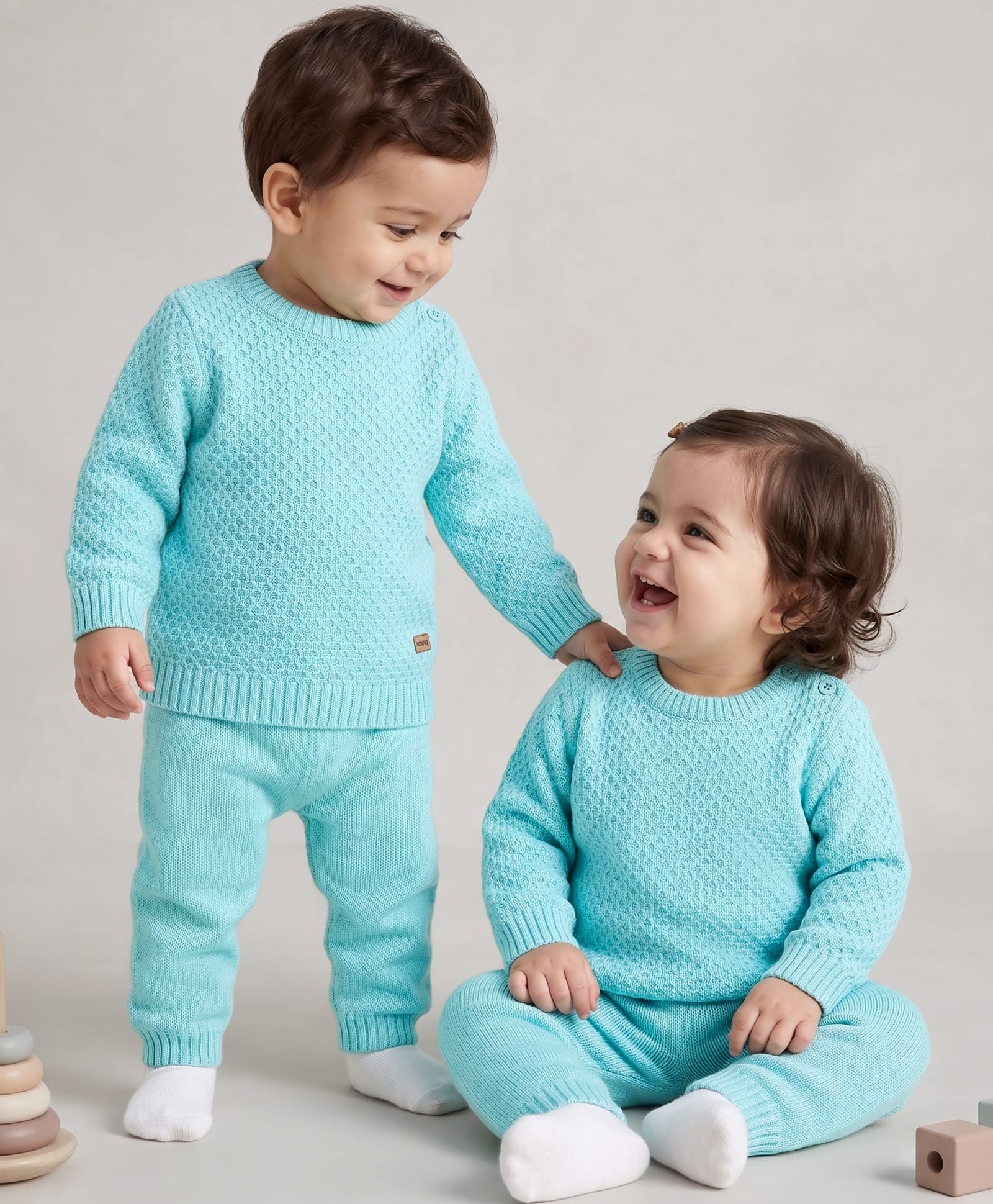 Babyhug Knit Full Sleeves Textured Sweater Set - Aqua Blue-picture-21
