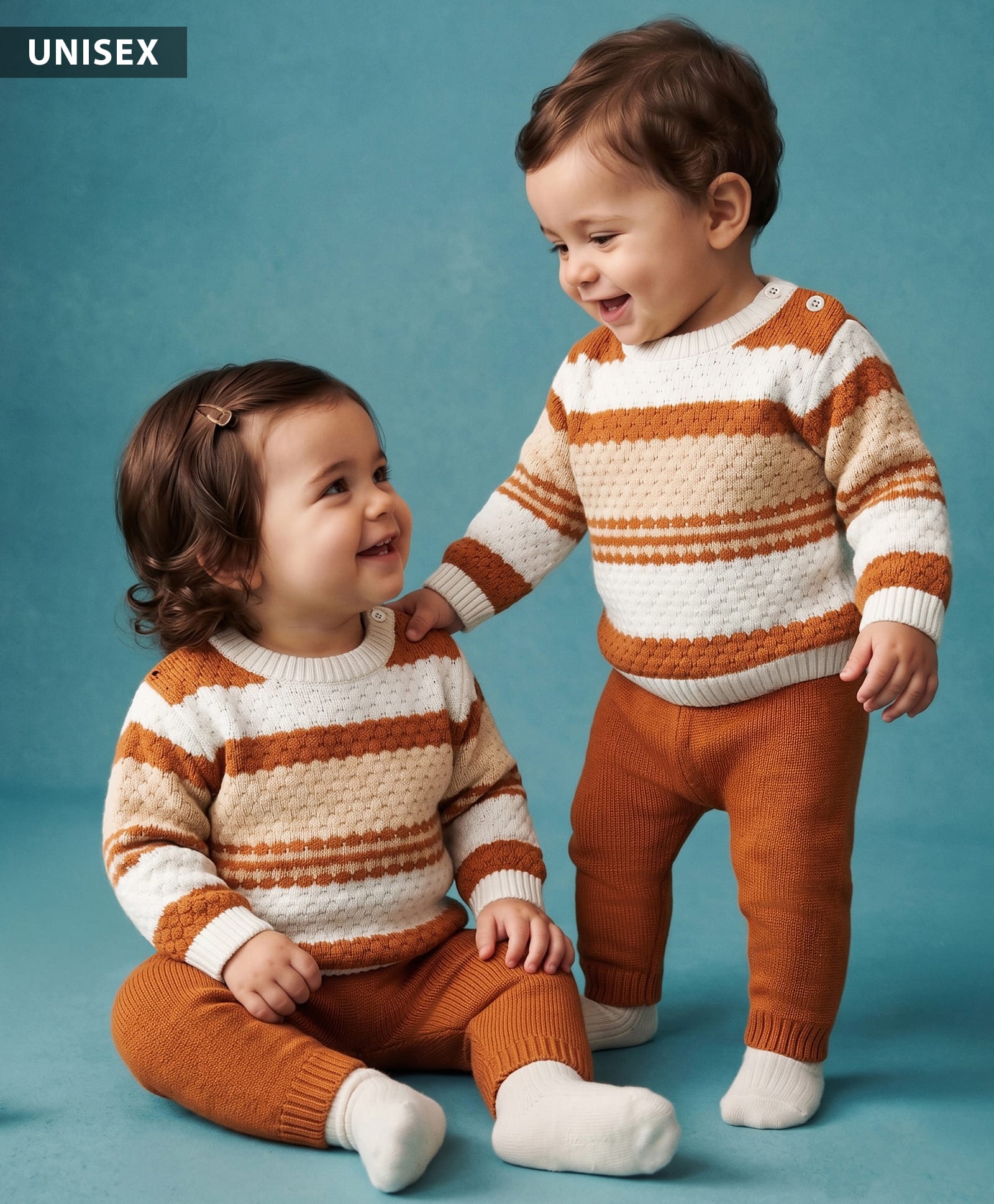 Babyhug Knit Full Sleeves Striped Sweater Set - Light Brown-picture-13