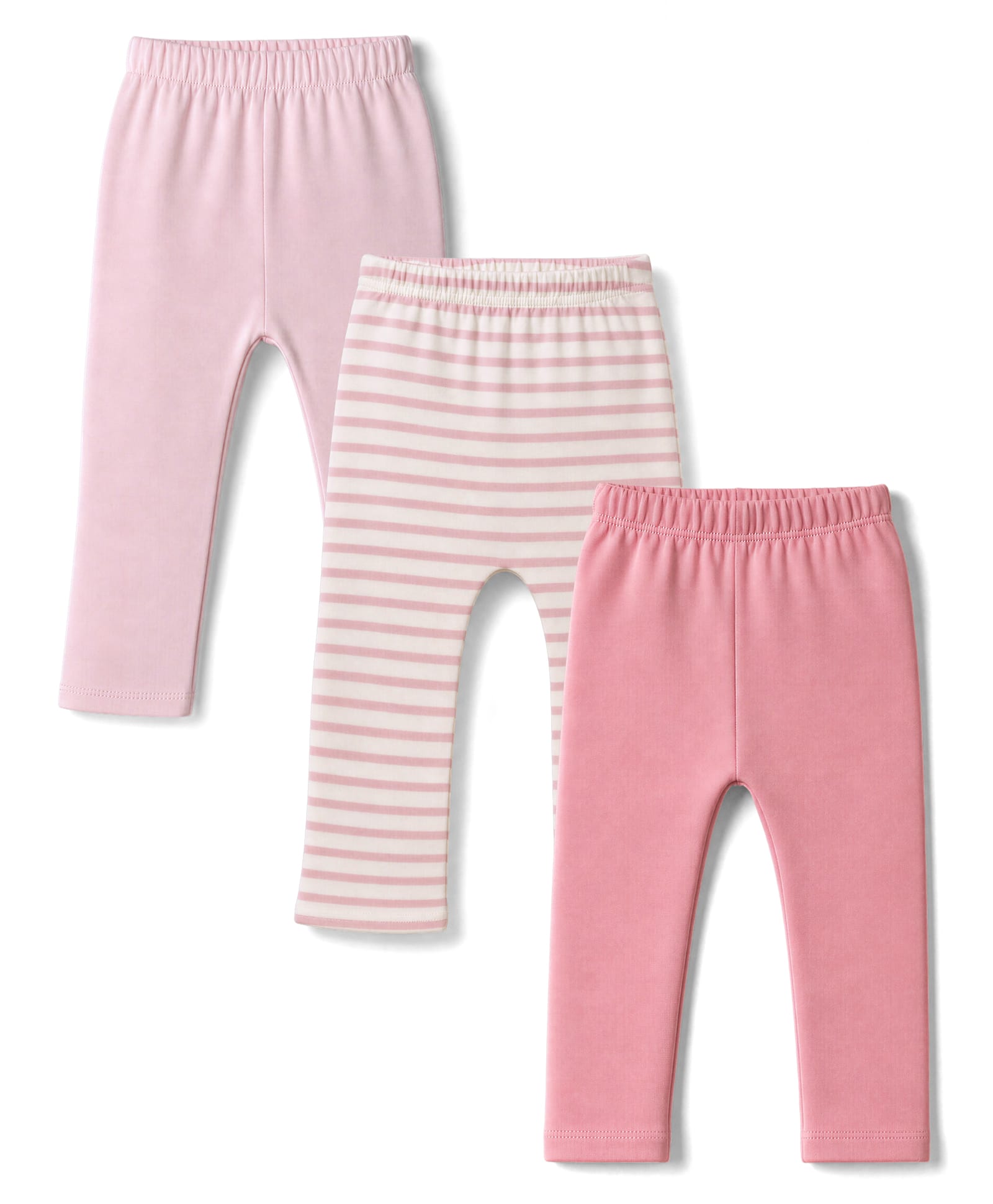 Bonfino 100% Cotton Knit Full Length Striped & Solid Diaper Leggings Pack Of 3 - Pink & White-image-16