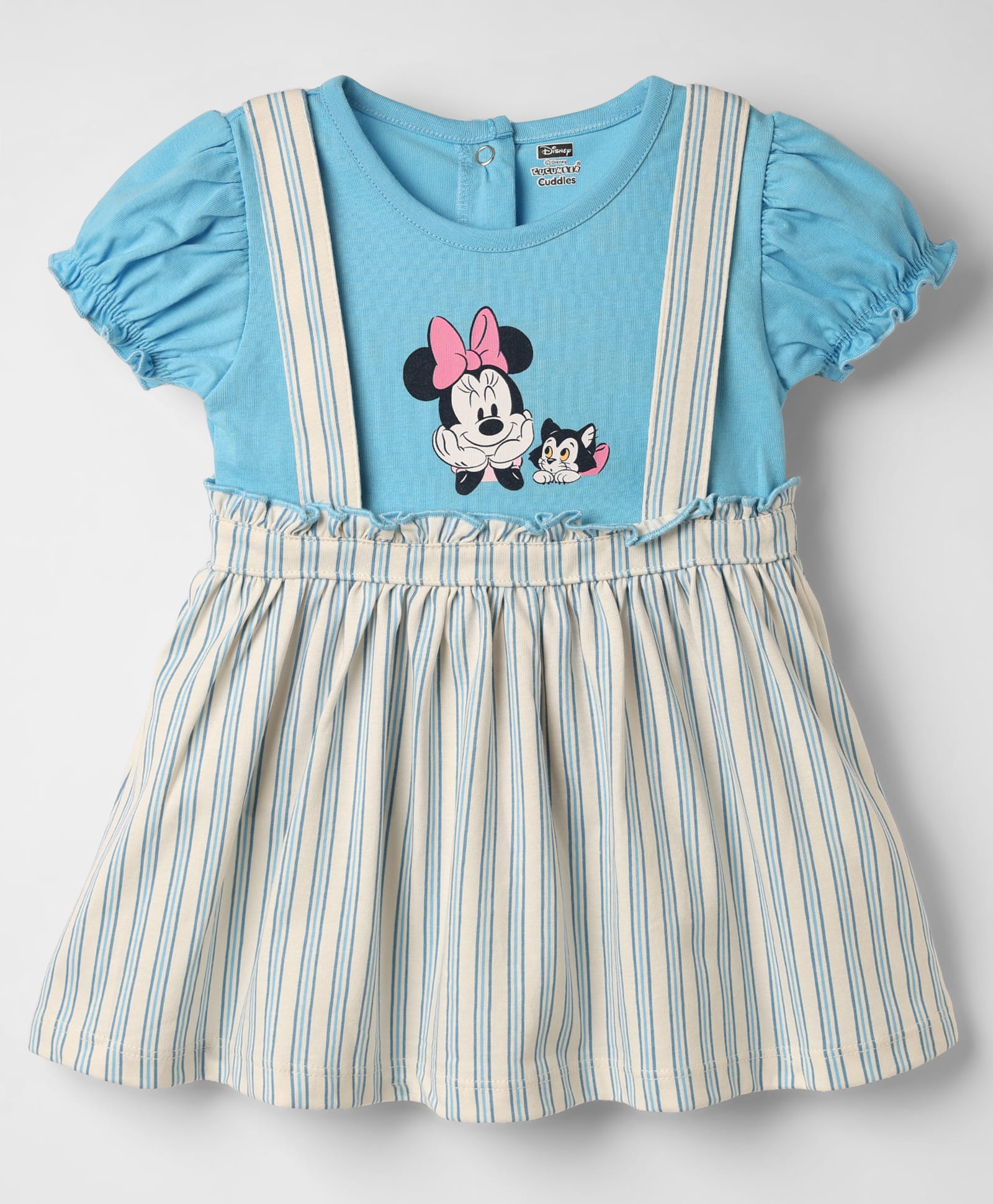 CUCUMBER Sinker Knit Half Sleeves Striped & Minnie Mouse Printed Frock - Light Blue-picture-39